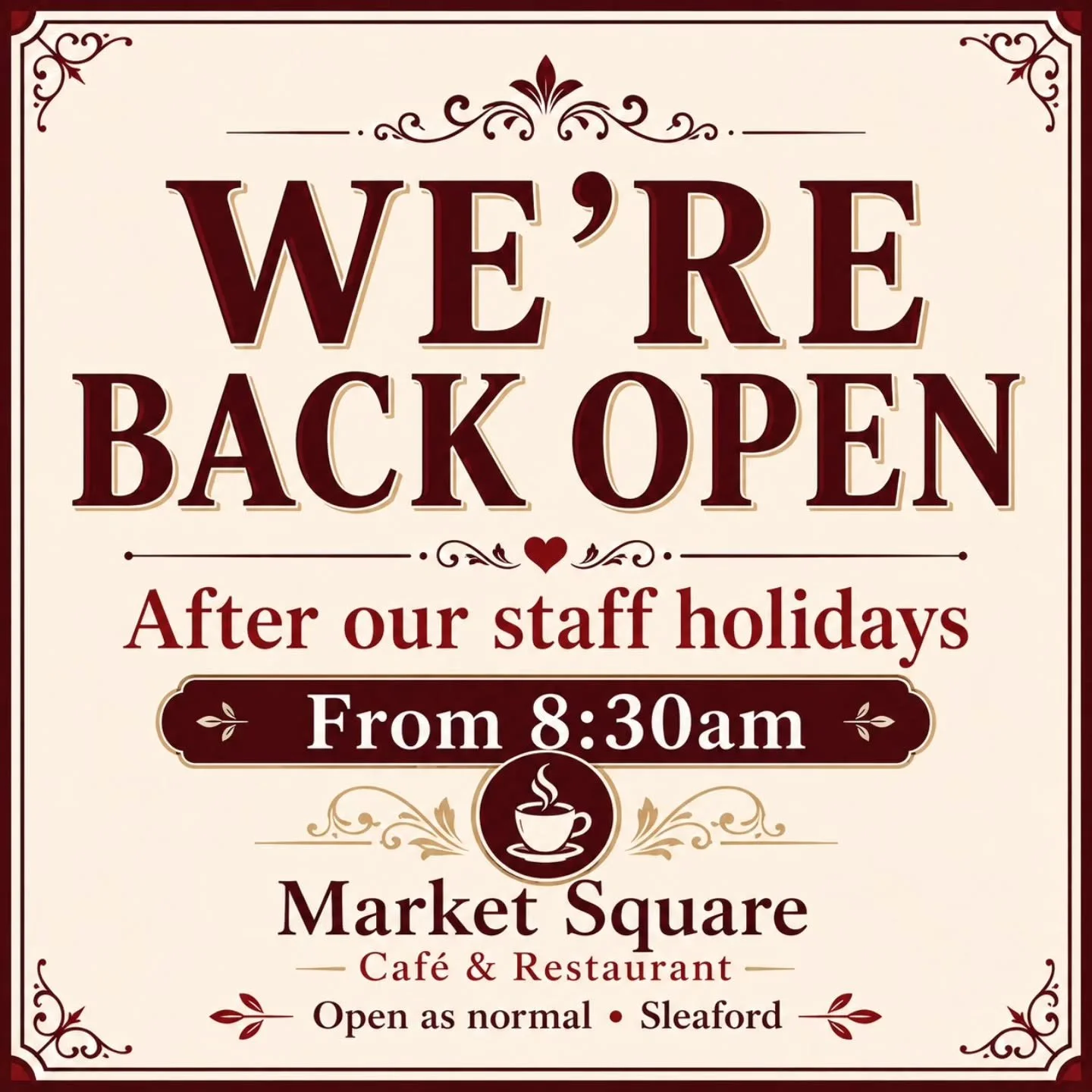 We&rsquo;re back open from Tuesday 19th May after our week off for staff holidays.

The coffee machine is back on, the breakfasts are back, the cakes are waiting, and the team are ready to go again.

Thank you for your patience while we had a well-ea