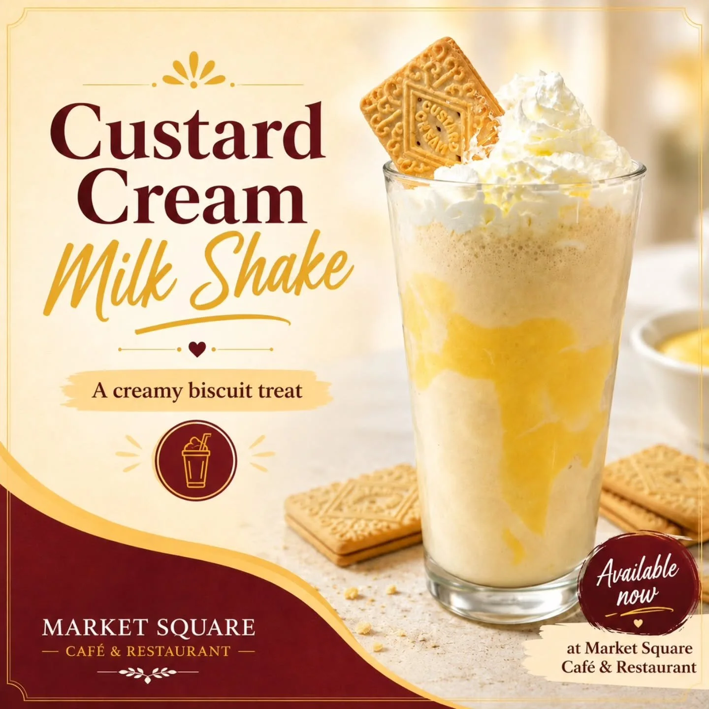New shake alert 👀

Our Custard Cream Milk Shake is here 

Thick, creamy, sweet, and finished with whipped cream and a classic Custard Cream biscuit on top.

A proper biscuit-lover&rsquo;s treat.

Available now at Market Square Caf&eacute; &amp; Rest