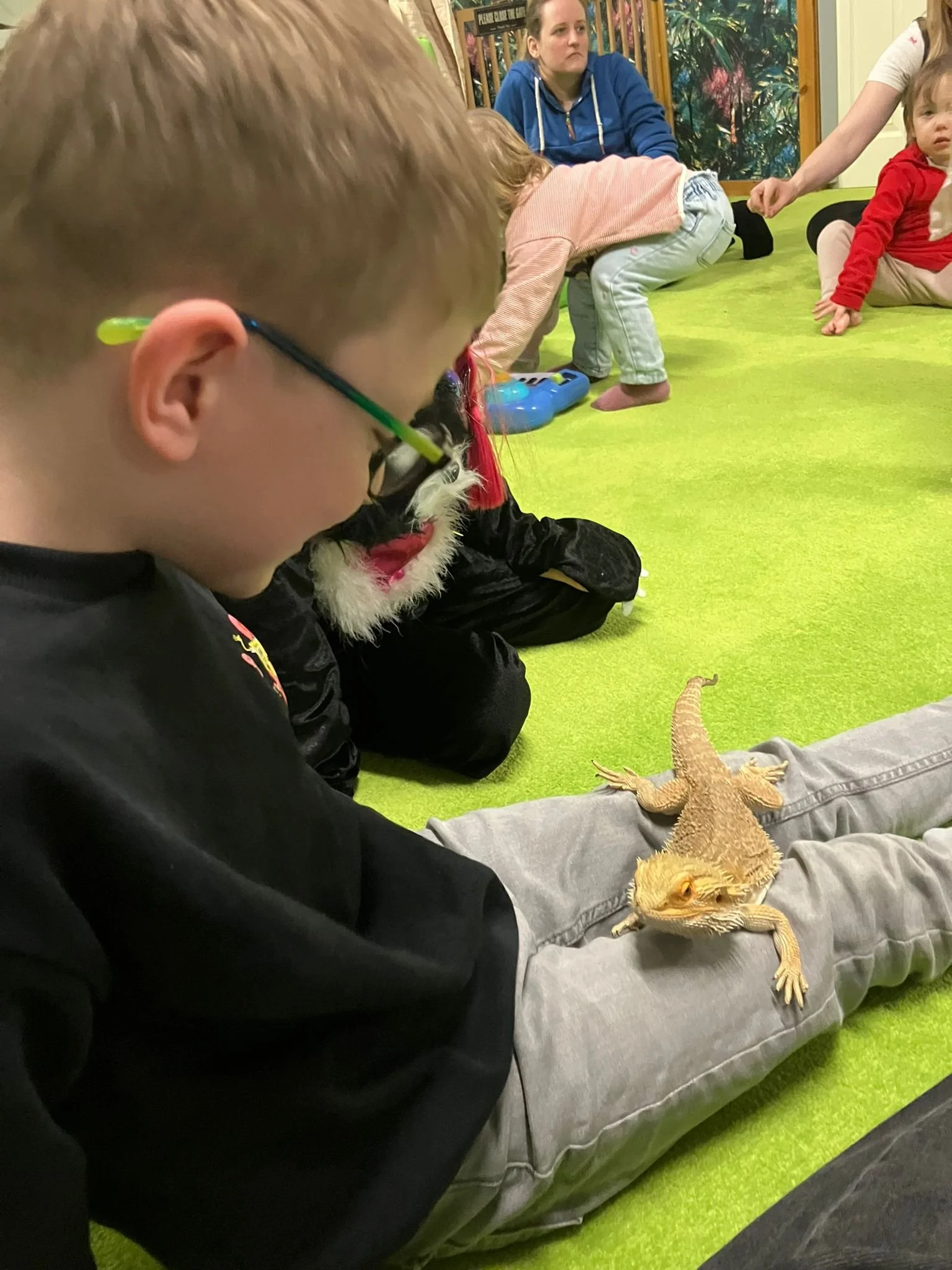 A young boy with glasses sitting on a green carpet, looking at a bearded dragon lizard resting on his legs at a children's indoor play area.