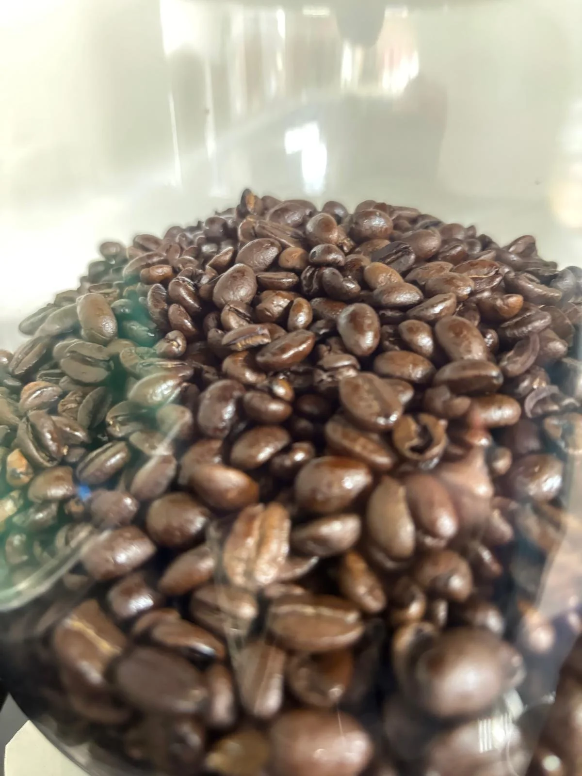 Close-up of roasted coffee beans inside a glass container.