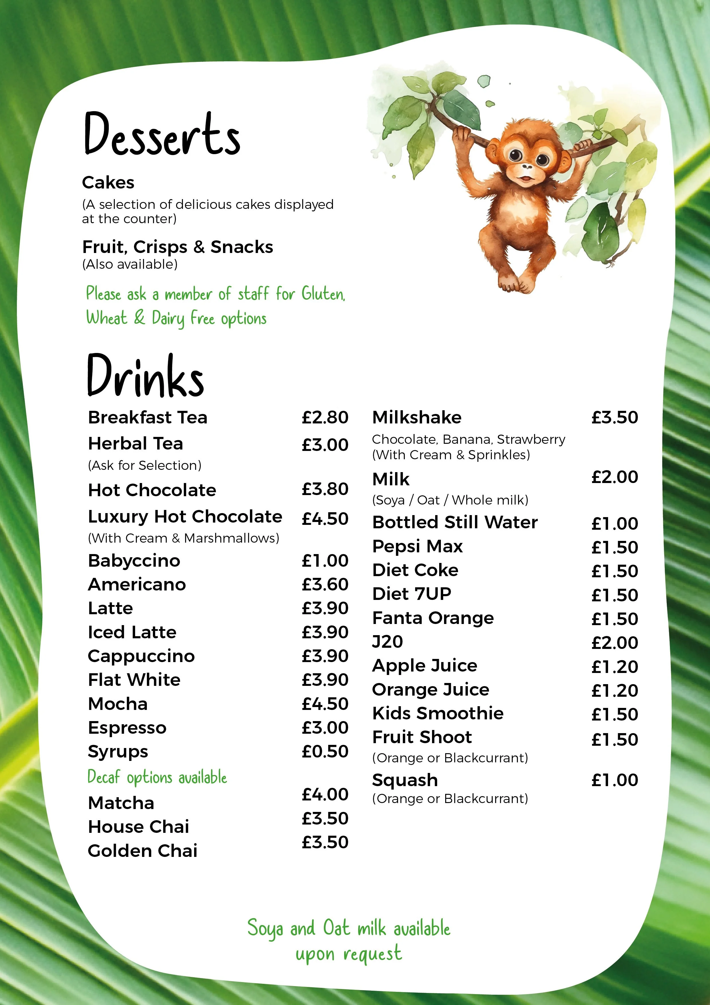 A dessert menu featuring cakes, fruit, crisps, snacks, and beverages, with an illustration of a cartoon monkey hanging from a tree.