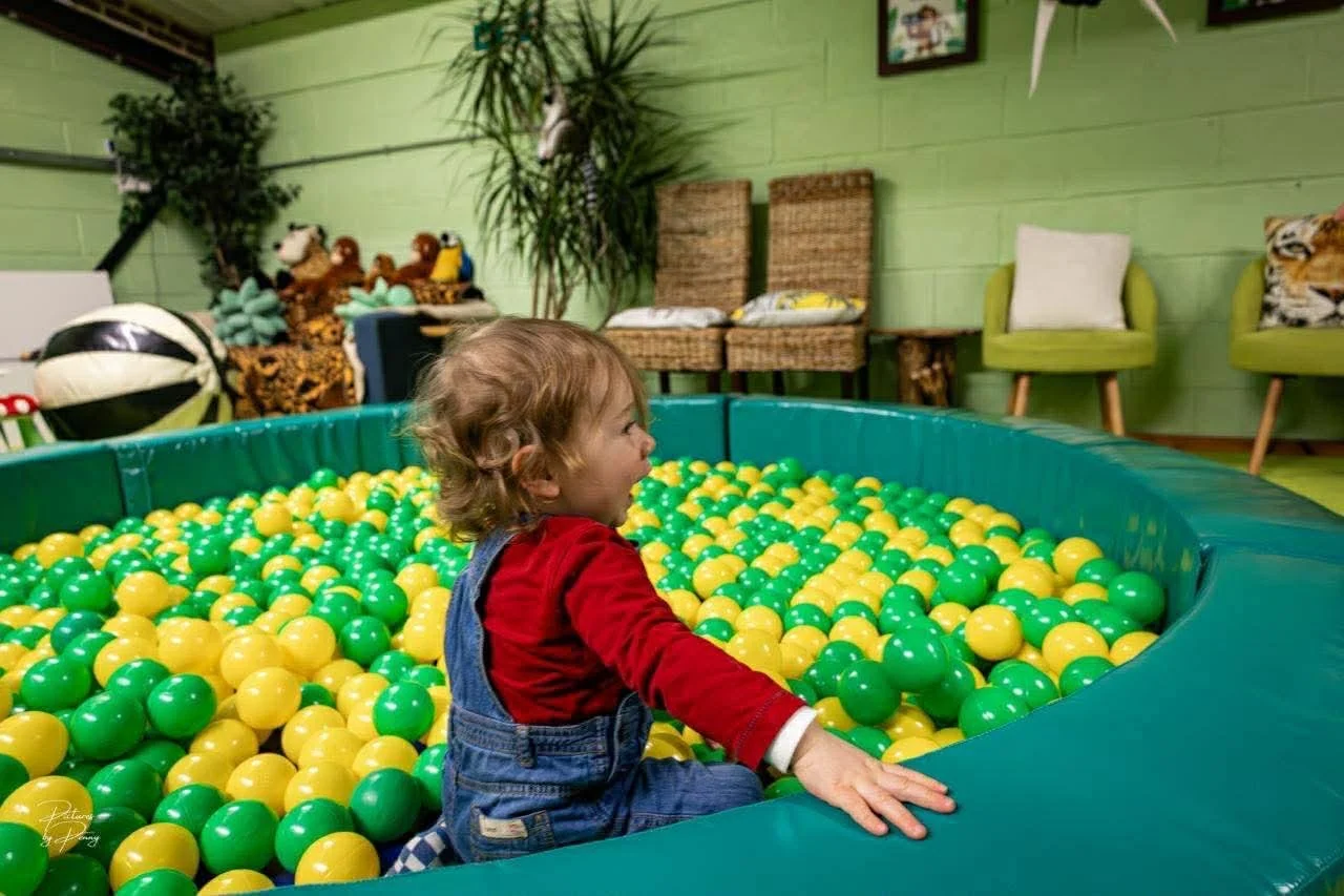 A young child playing in a ball pit filled with yellow and green plastic balls in a room decorated with plush toys, chairs, and plants.