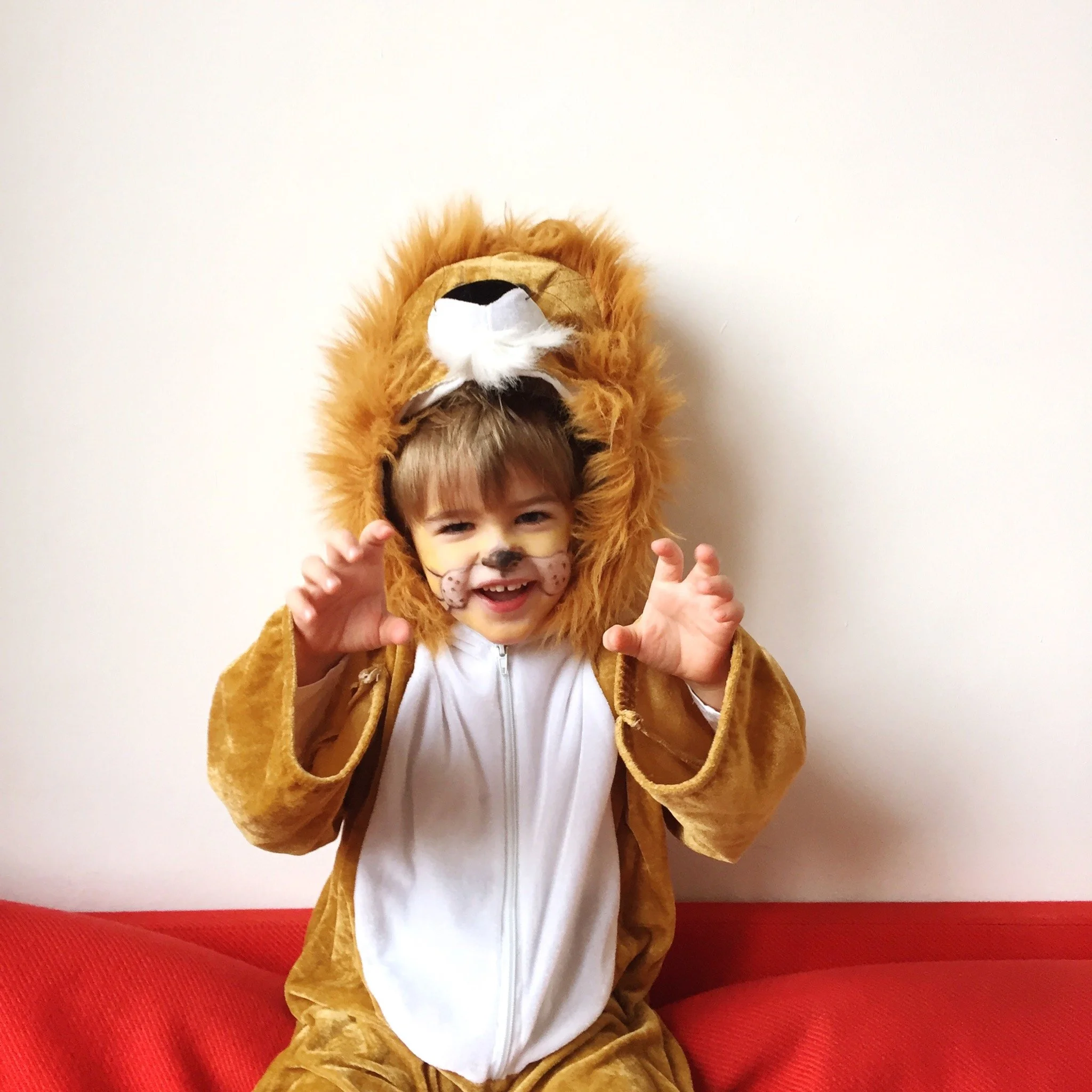A young child dressed in a lion costume with face paint, smiling and holding their hands up in a playful claw gesture.