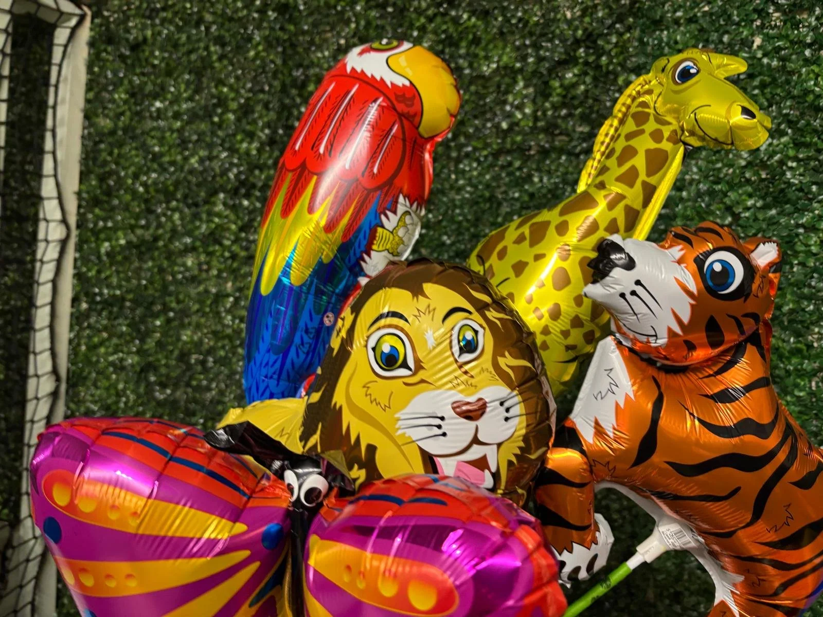 Colorful animal-shaped balloons, including a red parrot, a yellow giraffe, a gray and orange tiger, and a yellow lion, against a dark green leafy background.