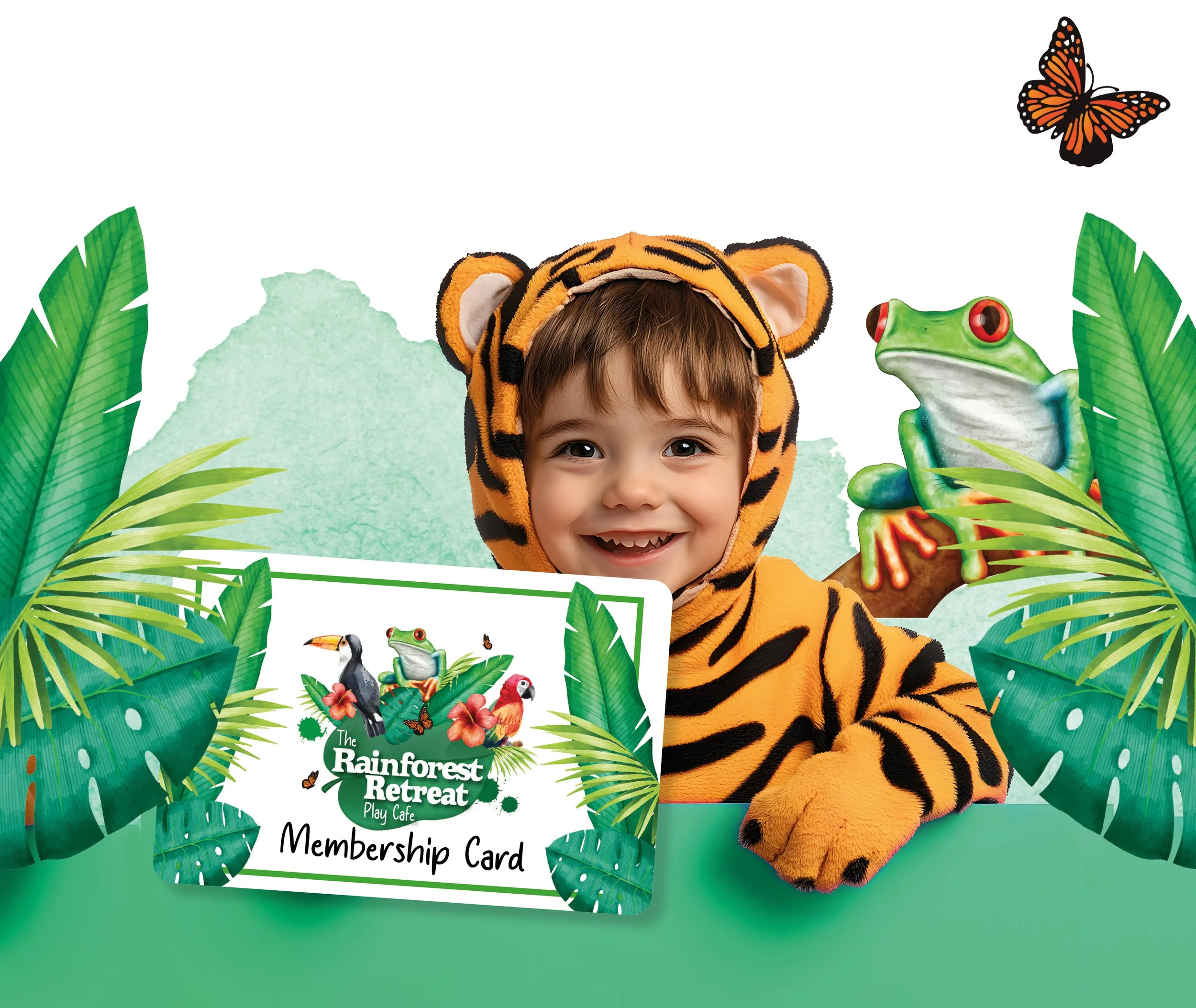 A child in a tiger costume holding a frog puppet with jungle leaves surrounding them, featuring a rainforest retreat membership card, a butterfly, a toucan, and a parrot.