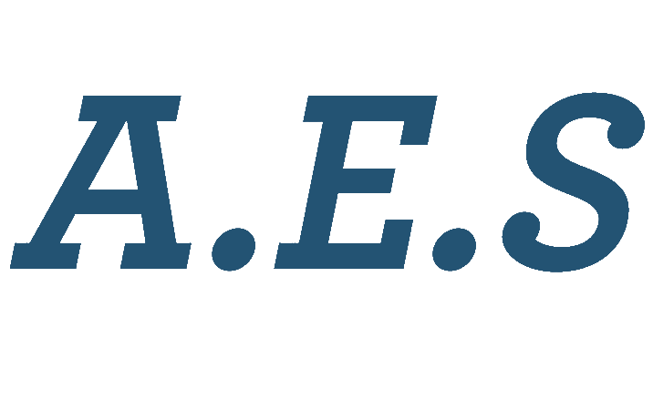 Logo avec lettres stylisées 'A.E.S' en bleu avec contour blanc, sur fond noir.