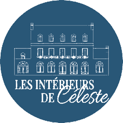 Logo rond bleu avec une illustration d'un bâtiment ancien et le texte 'Les Intérieurs de Celeste'