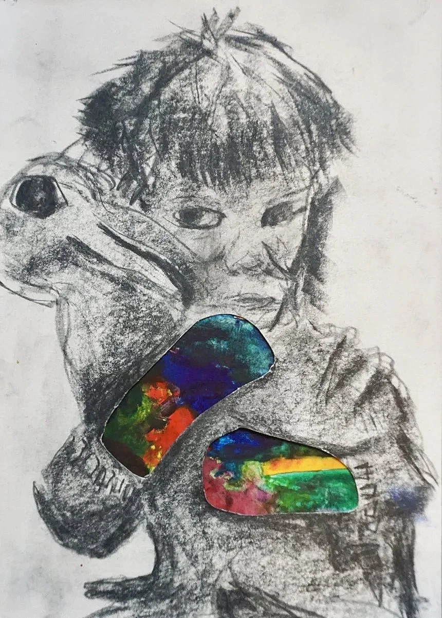 Bunte Hände und mein Hase 2024,
charcoal and watercolor on paper collage
21,0 x 29,7 cm
