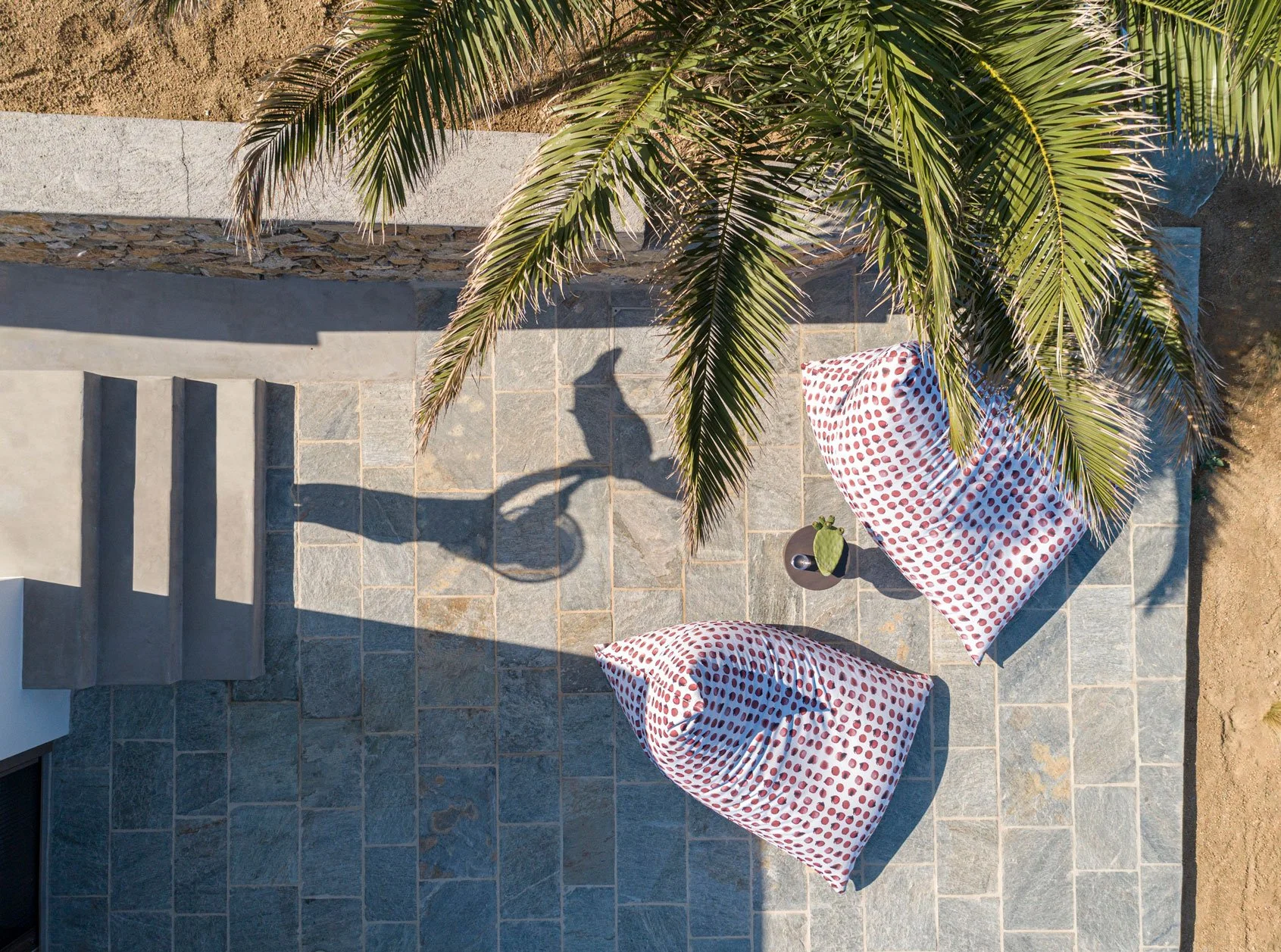 Top-down view of an outdoor patio area with two cushions, a small potted plant, and a palm tree casting shadows on the stone tiled surface.