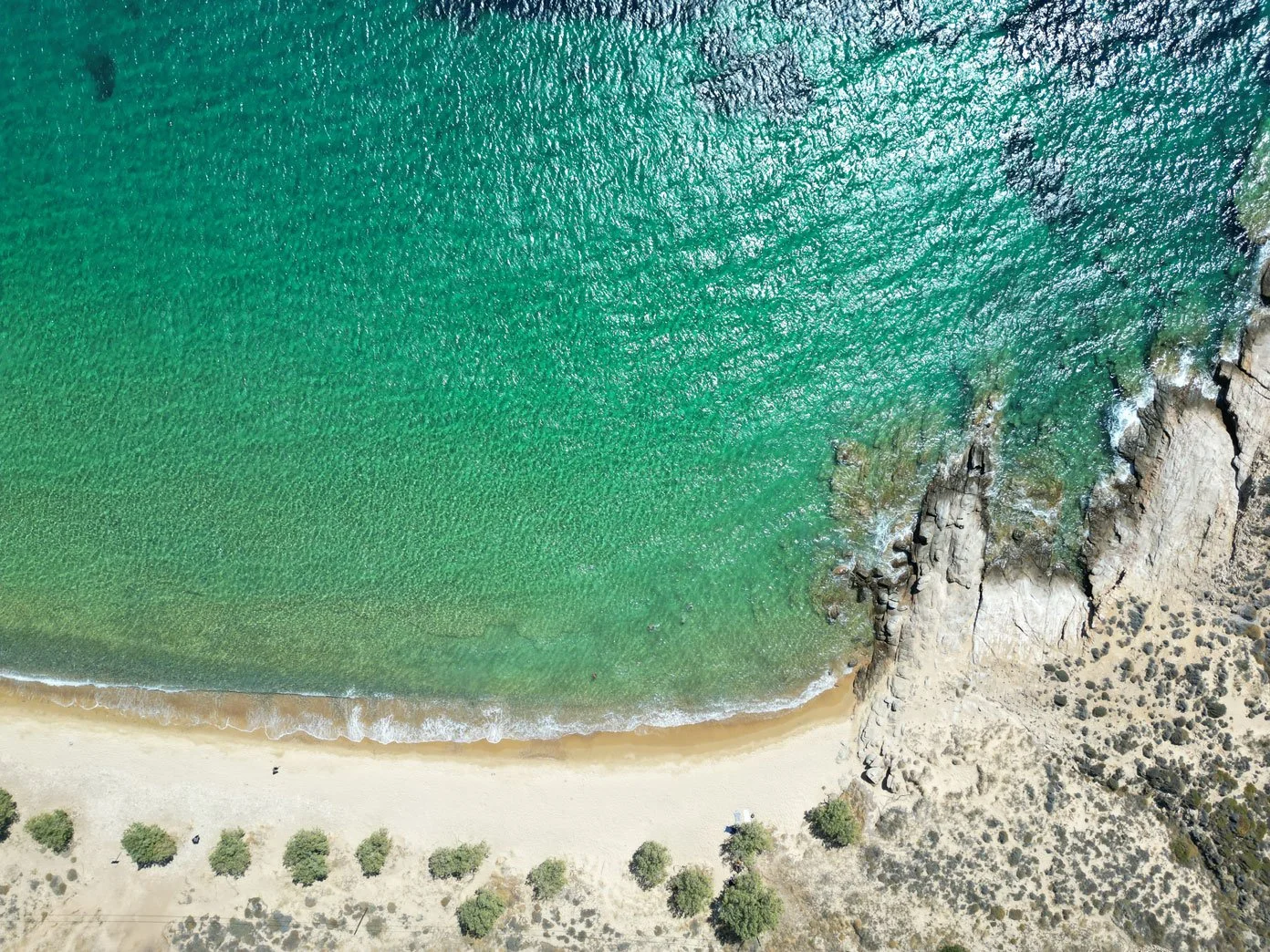Aerial view of a beach with greenish water, white sandy shore, and vegetation near the shore.