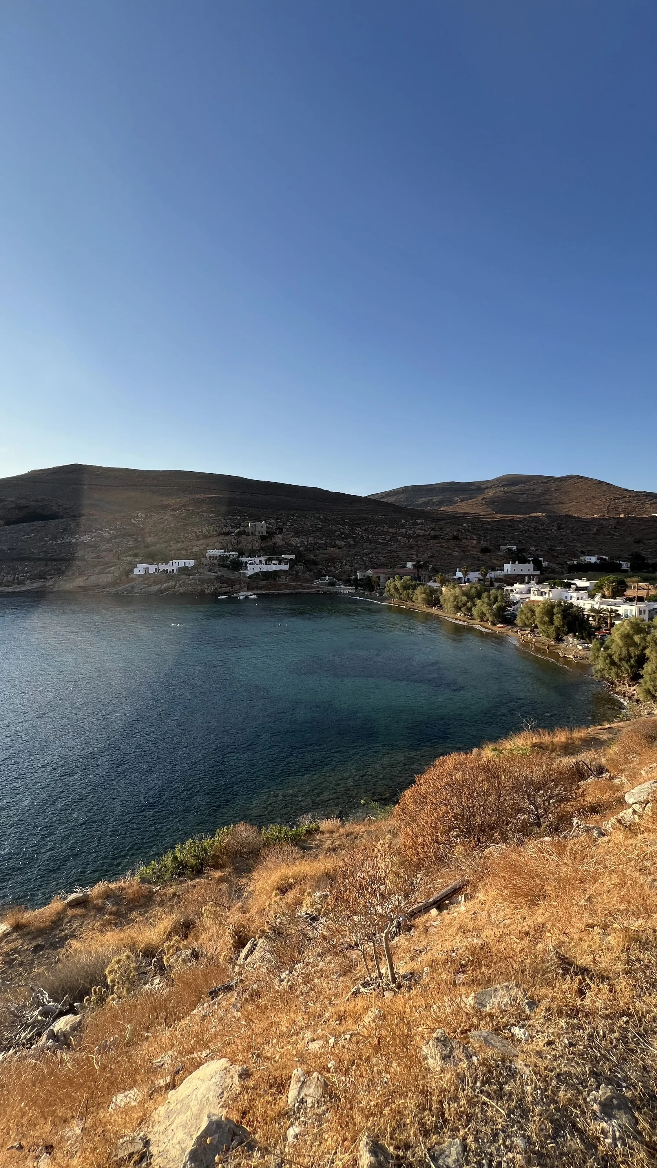 A scenic view of a small bay with clear blue water, surrounded by dry, brownish grass and sparse vegetation, with buildings and trees along the shoreline and hills in the background under a clear blue sky.