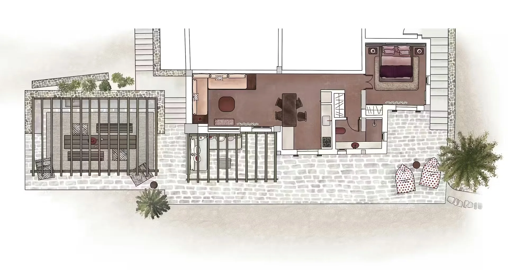 Floor plan of a house with an outdoor patio, indoor living room, kitchen, bedroom, and garden area with trees and seating.