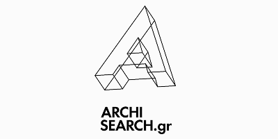 Geometric abstract line art with a stylized 3D cube design and the text 'ARCHI SEARCH.gr' below.