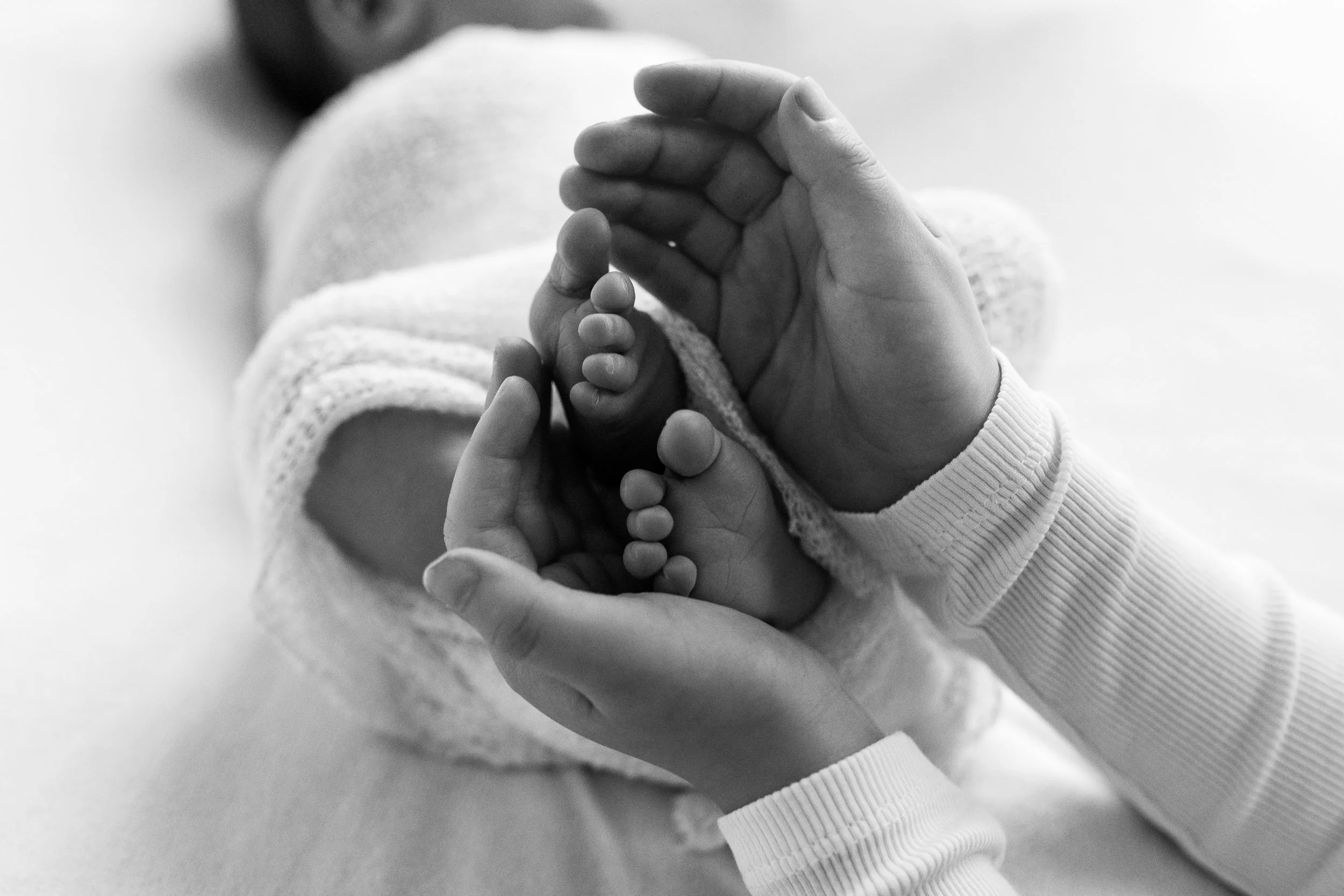 Close-up of a person holding a baby's hand, both wearing long-sleeved clothing, black and white photograph.