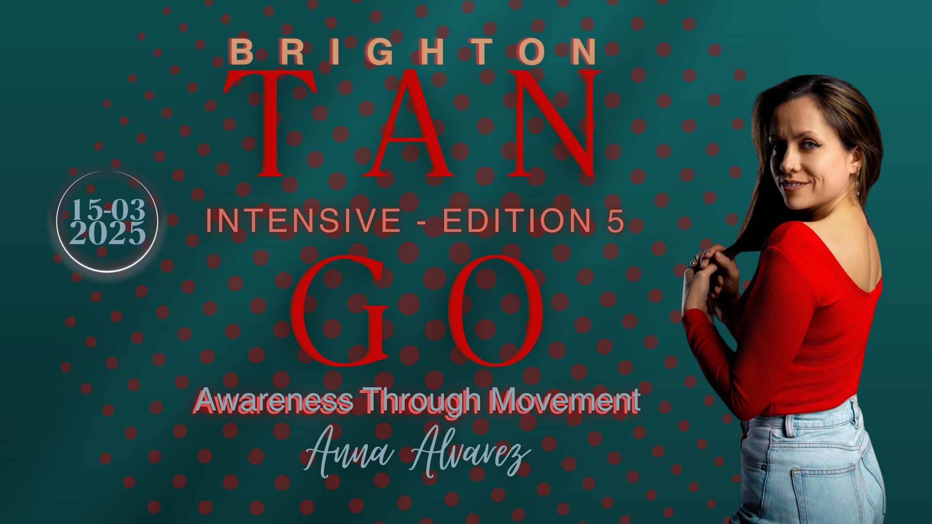 Promotional graphic for Brighton Tan's Intensive Edition 5 event with a woman in a red top and jeans, with event details and dates displayed.