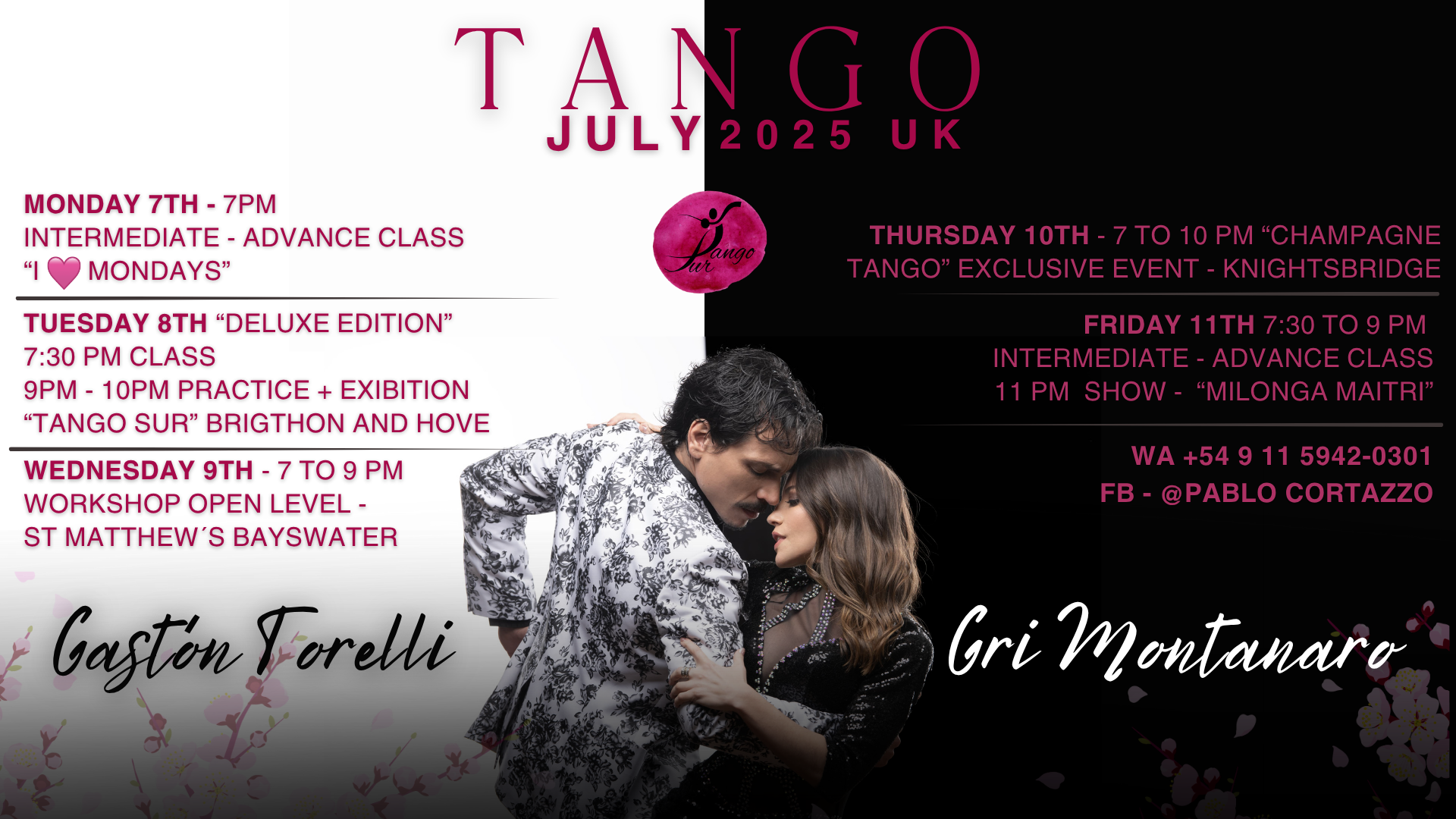 Promotional poster for Tango dance events in July 2025 in the UK featuring Gastón Torelli and Gri Montanaro, with event schedule including classes, practice, and shows.