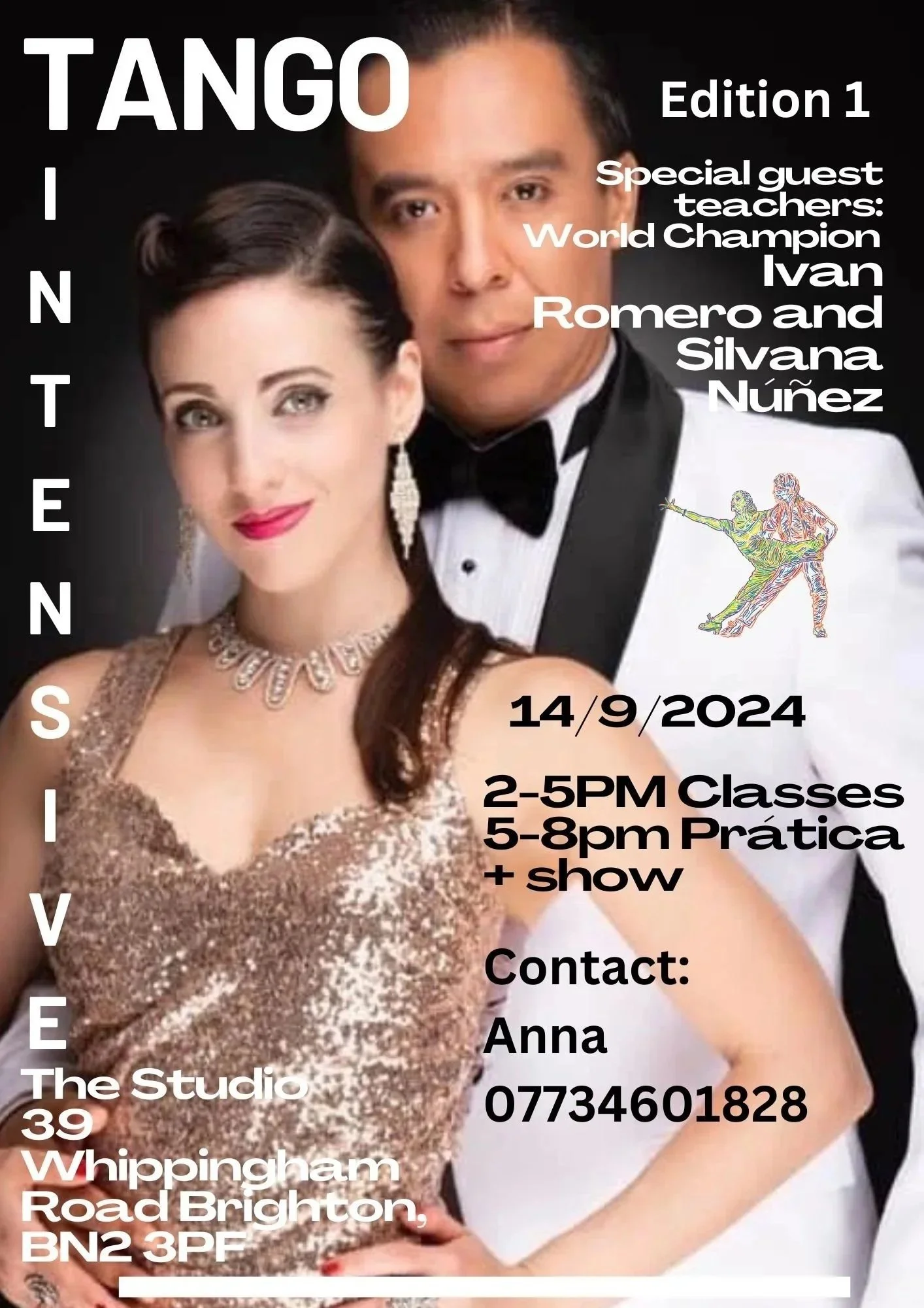 Poster advertising a tango dance event featuring world champion Ivan Romero and Silvana Núñez. The event is on September 14, 2024, with classes from 2-5 PM, practice from 5-8 PM, followed by a show. The location is The Studio, 39 Whippingham Road, Brighton, BN2 3PF. Contact Anna at 07734601828.