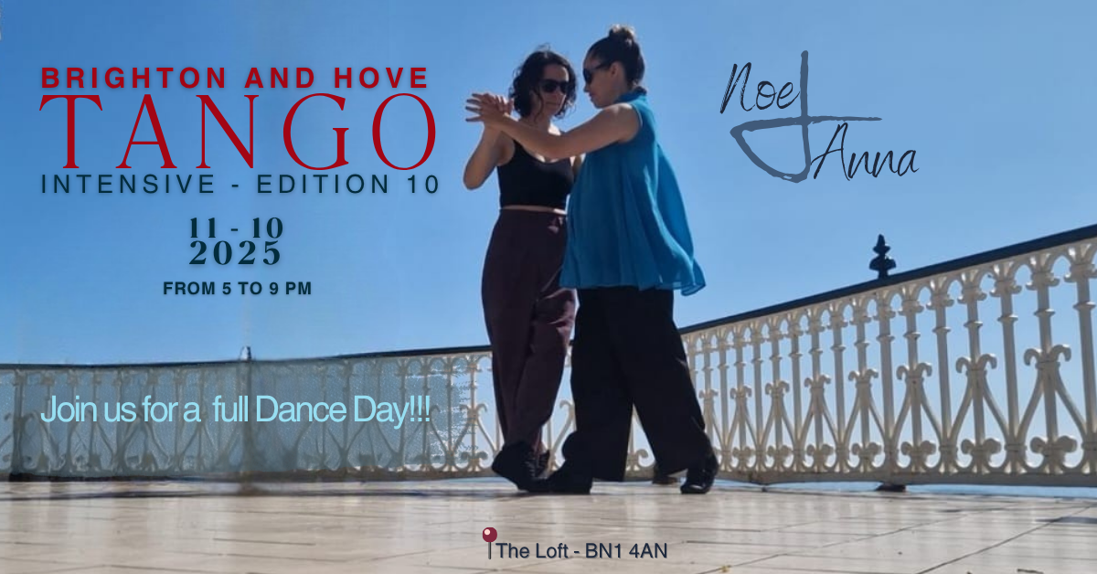 Two women dancing on an outdoor balcony with a white ornate railing against a clear blue sky, promoting a tango dance event in Brighton and Hove.