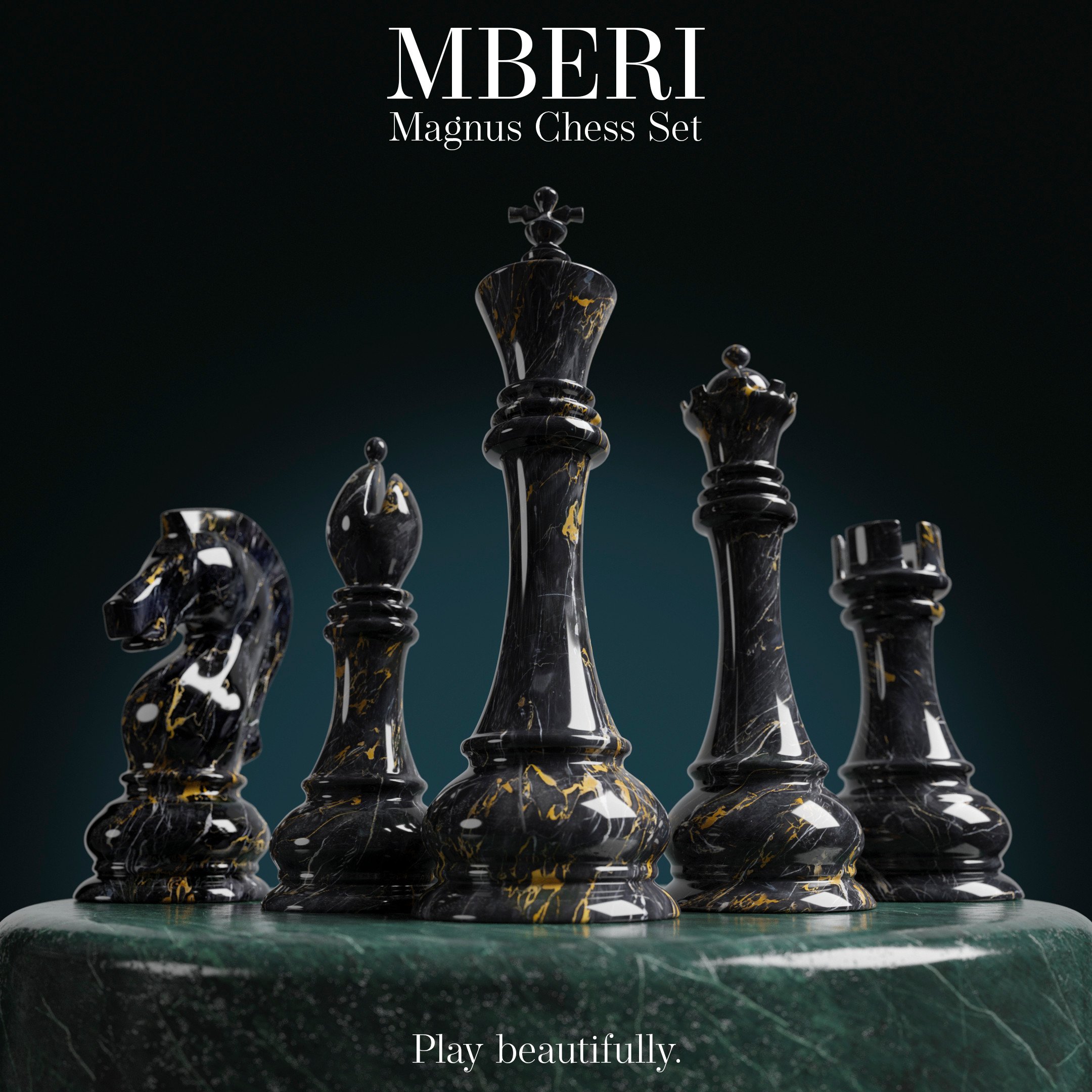 Set of five black marble chess pieces with gold veining on a green marble chessboard, against a dark background. The pieces include a horse, king, queen, rook, and bishop. Text on the image reads 'MBERI Magnus Chess Set' and 'Play beautifully.'
