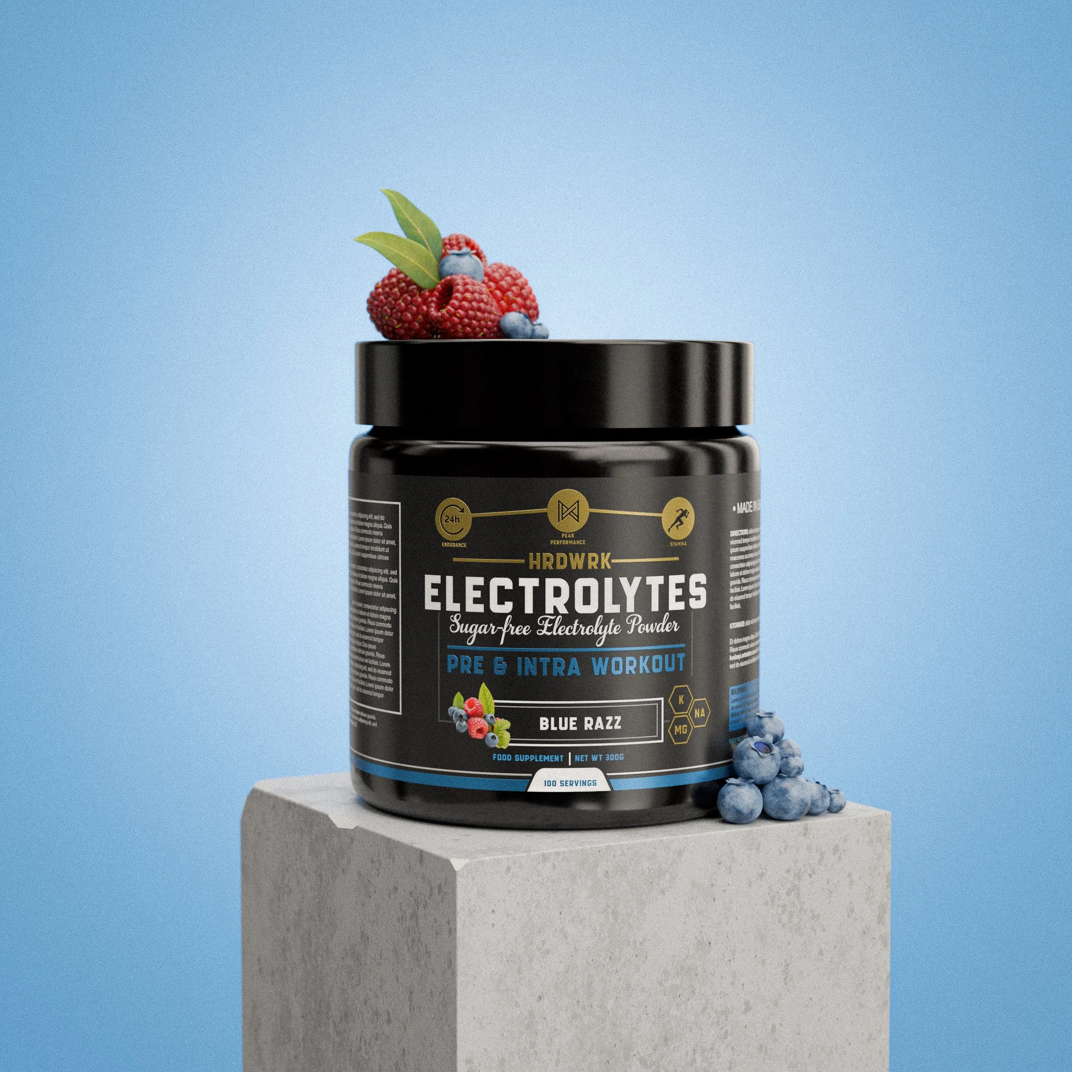 A black container of electrolyte powder labeled HRDWRK Electolytes with berries on top and spilling blueberries on the side, placed on a concrete block against a blue background.