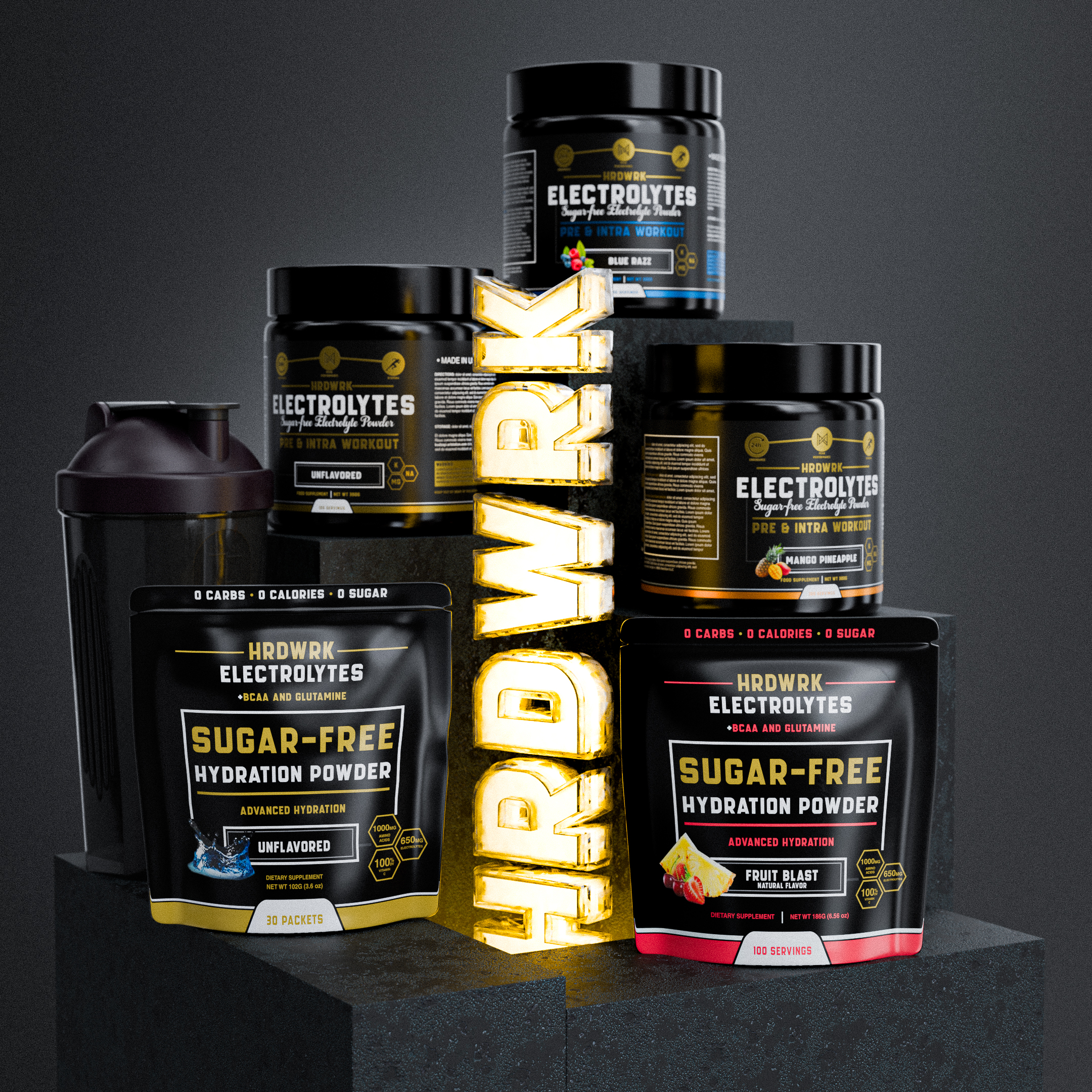 Various containers of electrolyte supplements and hydration powders labeled sugar-free and flavored, displayed on black display stands with a glowing 'SUPPLY' sign in the center.