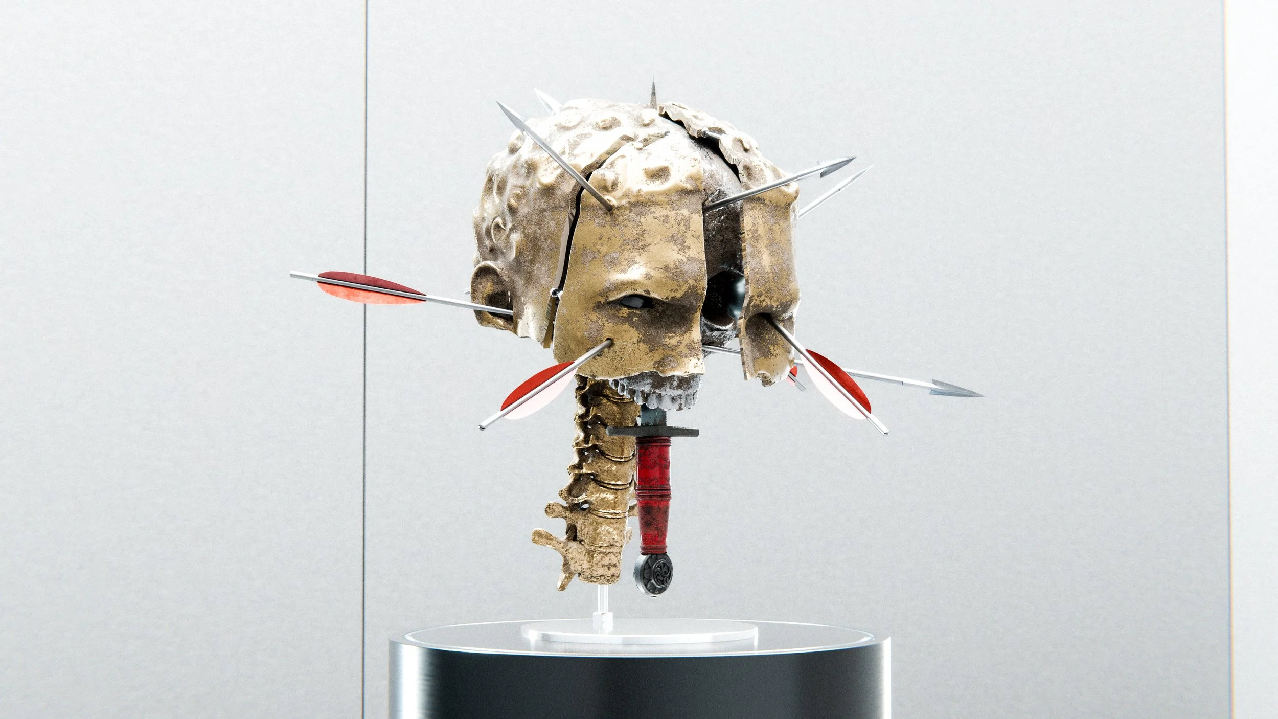 An art sculpture featuring a skull with arrows piercing through it, mounted on a stand with a metallic texture and set against a plain background.