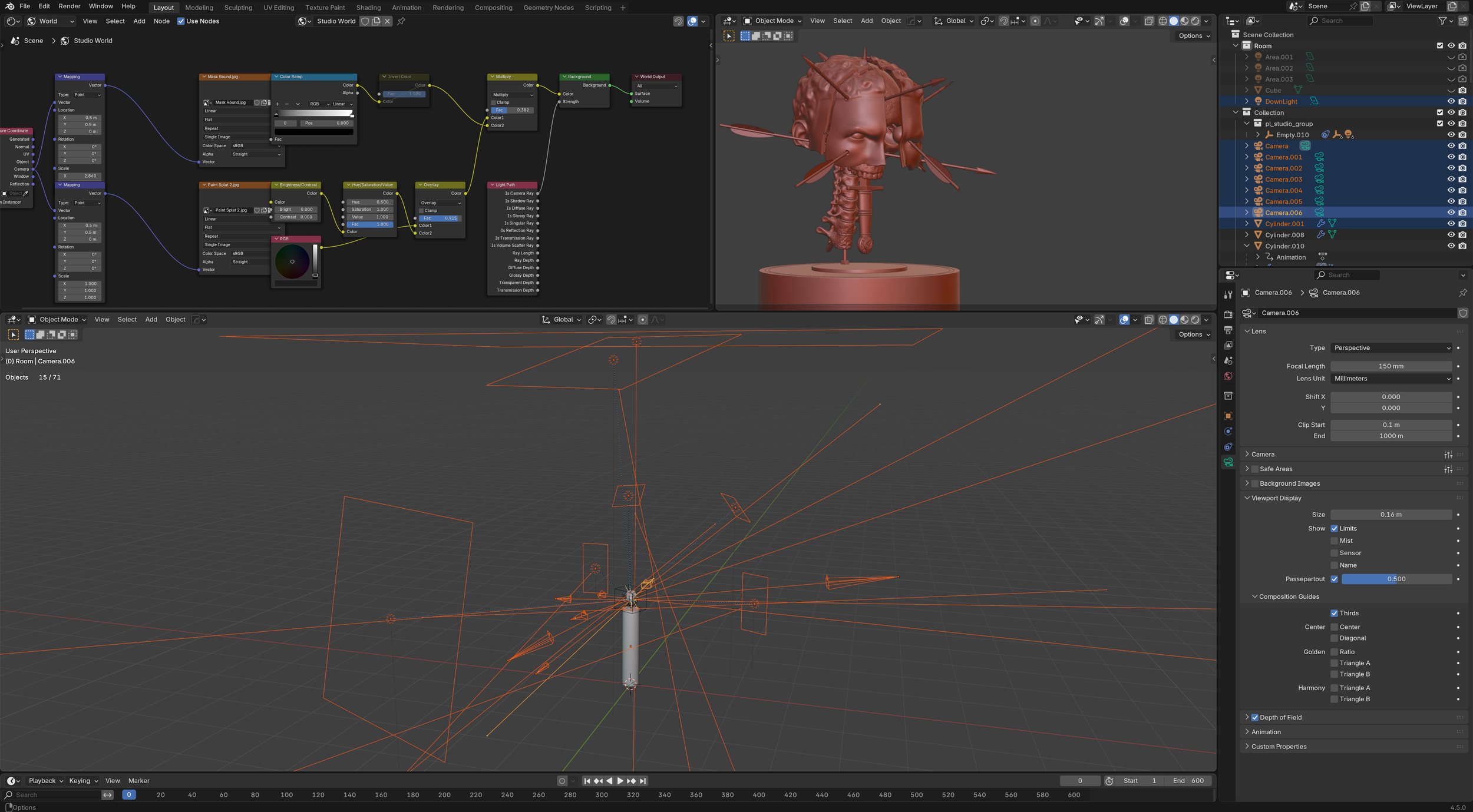 Screenshot of a 3D modeling workspace showing nodes, 3D objects, and camera settings in a software like Blender.