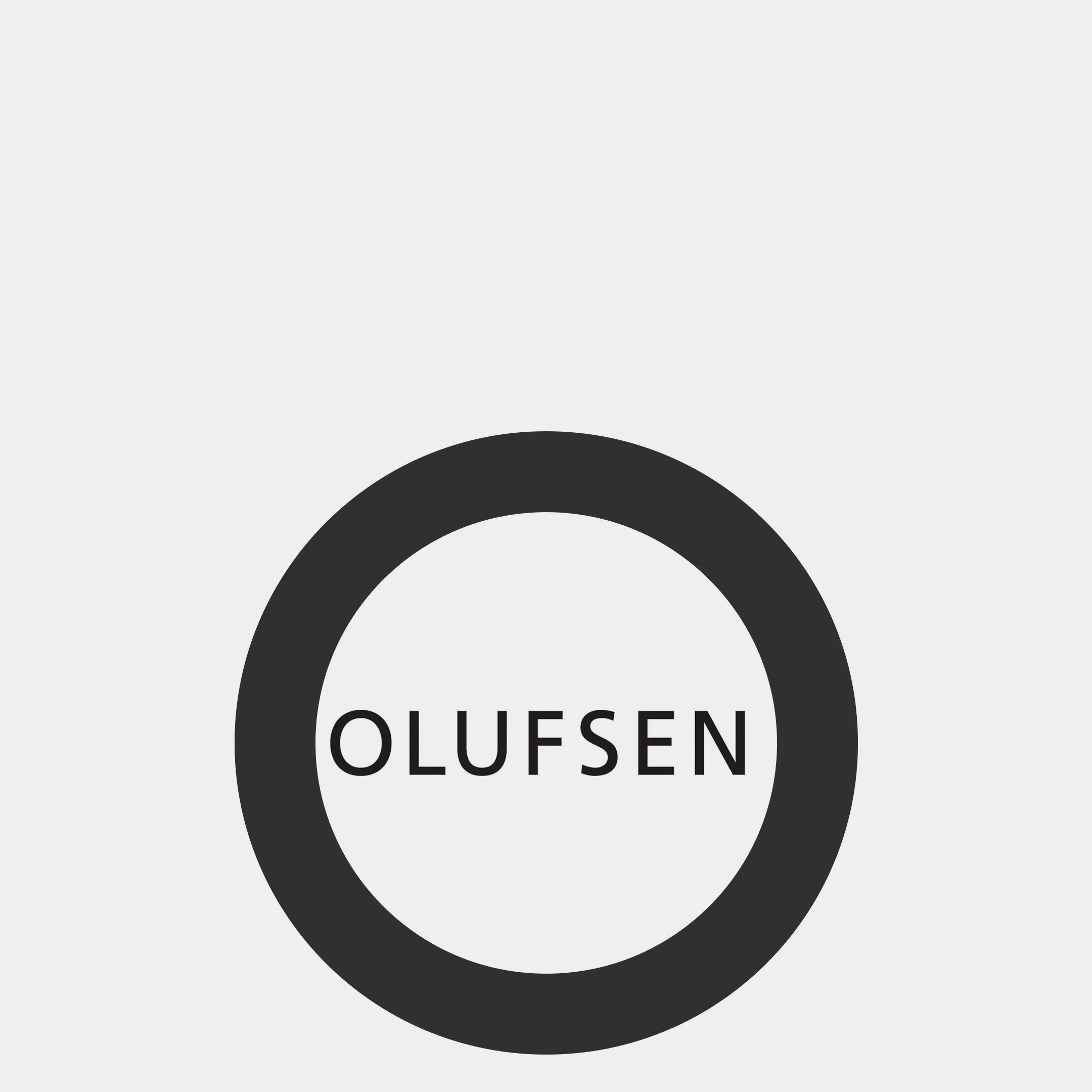 Olufsen logo with black circular design and text in the center on a light gray background.