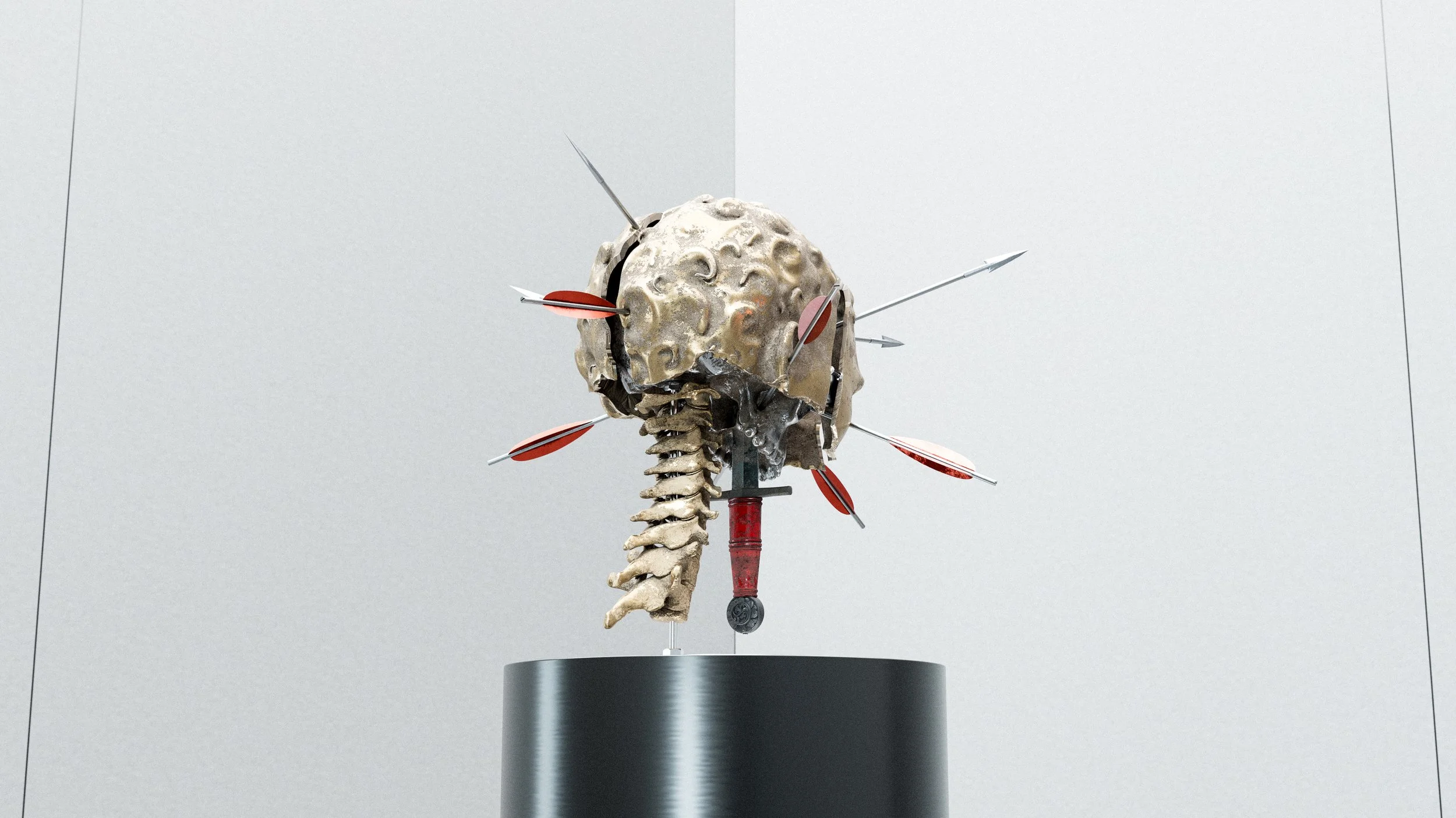 A sculpture with a skull, spinal column, and arrows, displayed on a black cylindrical stand.