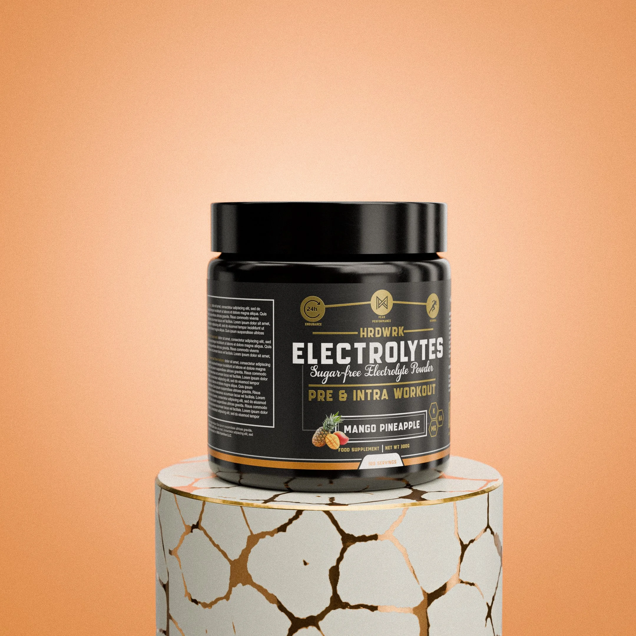 Black container of electrolyte powder labeled 'Electrolytes, sugar-free, pre & intra workout, Mango Pineapple flavor' on a white and gold patterned pedestal with peach-colored background.