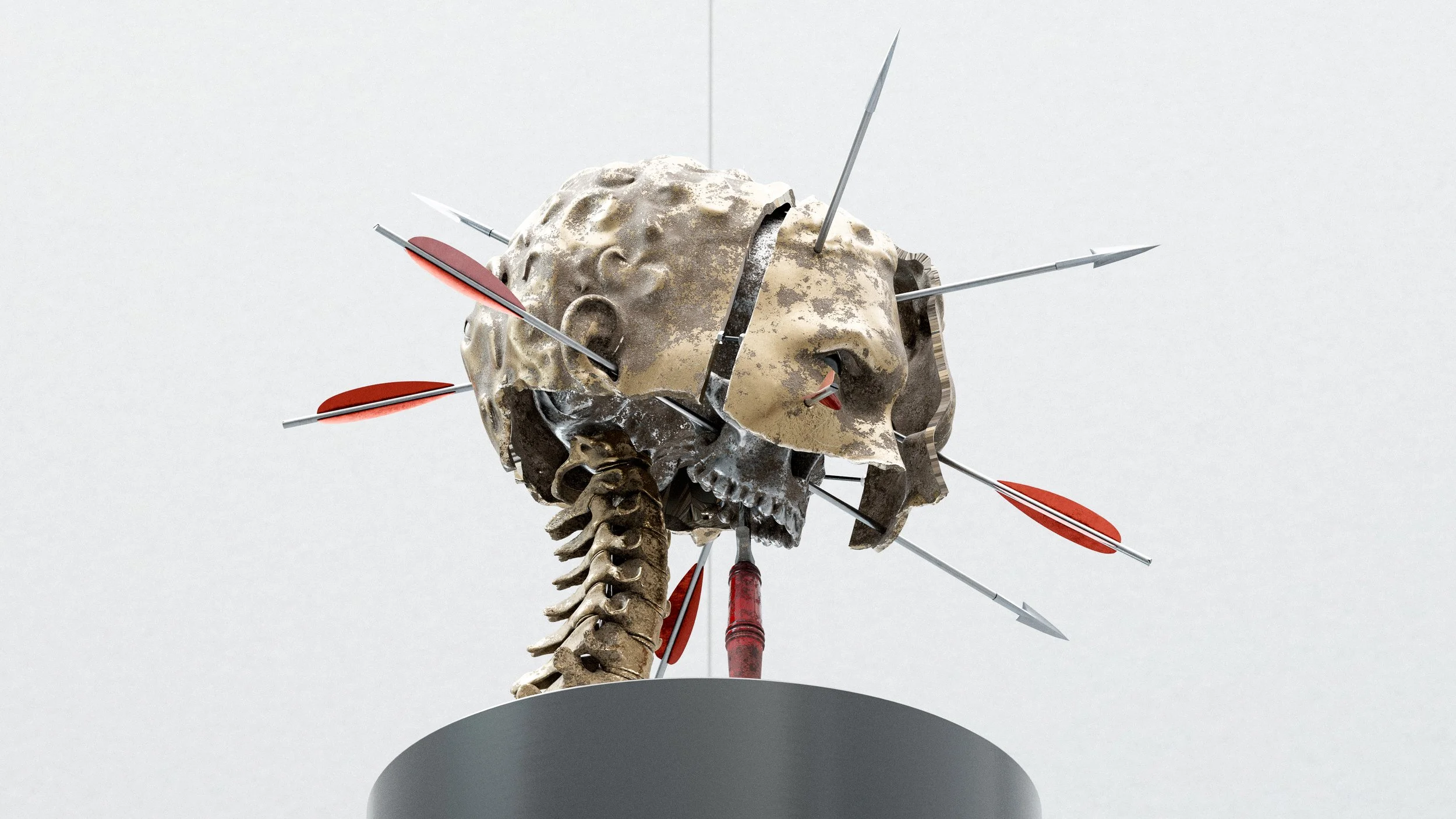 A sculpture of a human skull with a partial spine, pierced by multiple arrows, on a pedestal against a plain background.