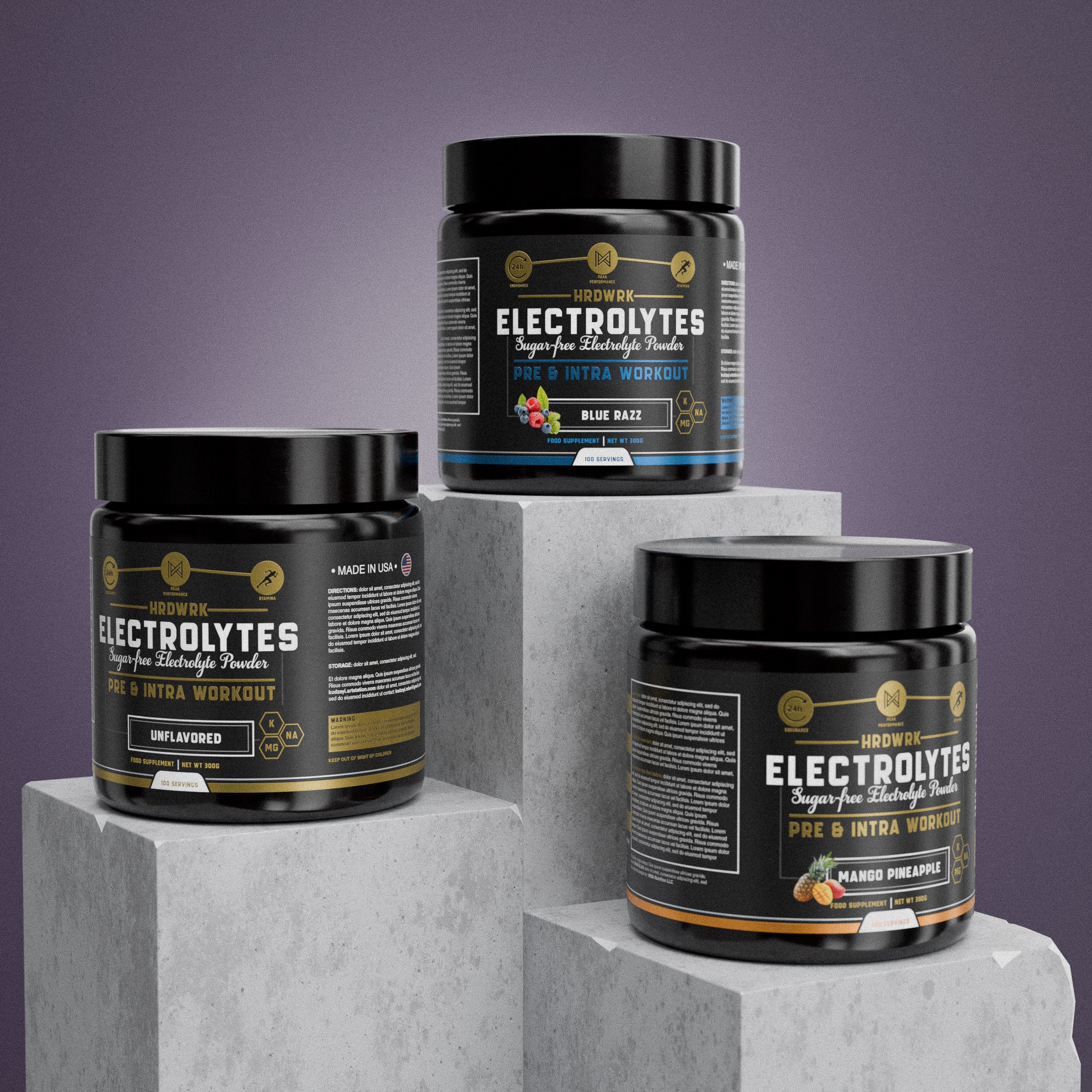 Three black containers of HRDWK electrolyte powder on concrete pedestals against a purple background, with flavors Blue Razz, Unflavored, and Mango Pineapple.