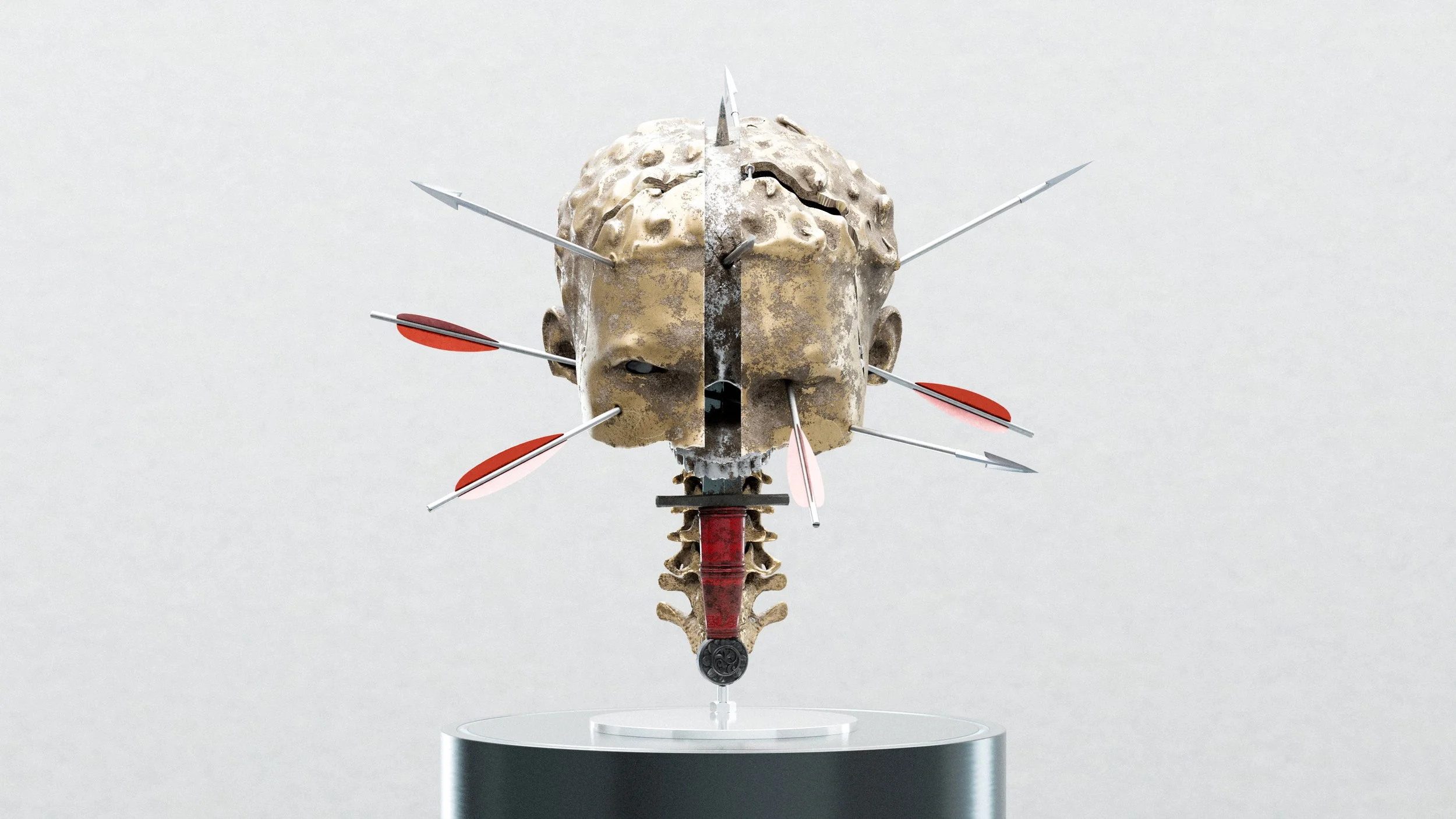 An art installation combining a man's skull with a rough stone face, mounted on a stand with arrows piercing it from different directions.