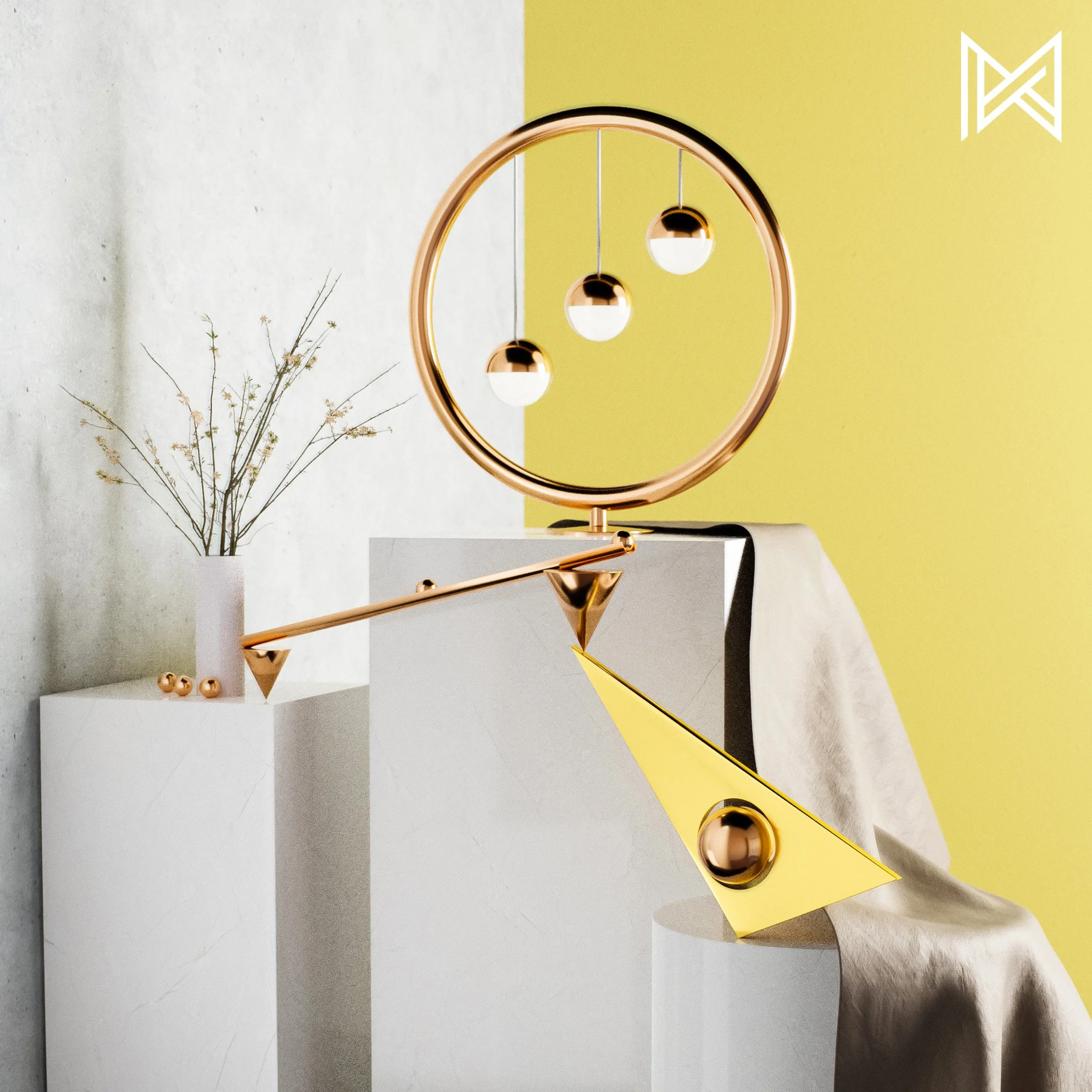 Modern decorative clock with hanging spherical pendants and geometric elements, placed on white pedestals with a beige cloth, against a background split into white and yellow sections with a minimalist white logo in the top right corner.