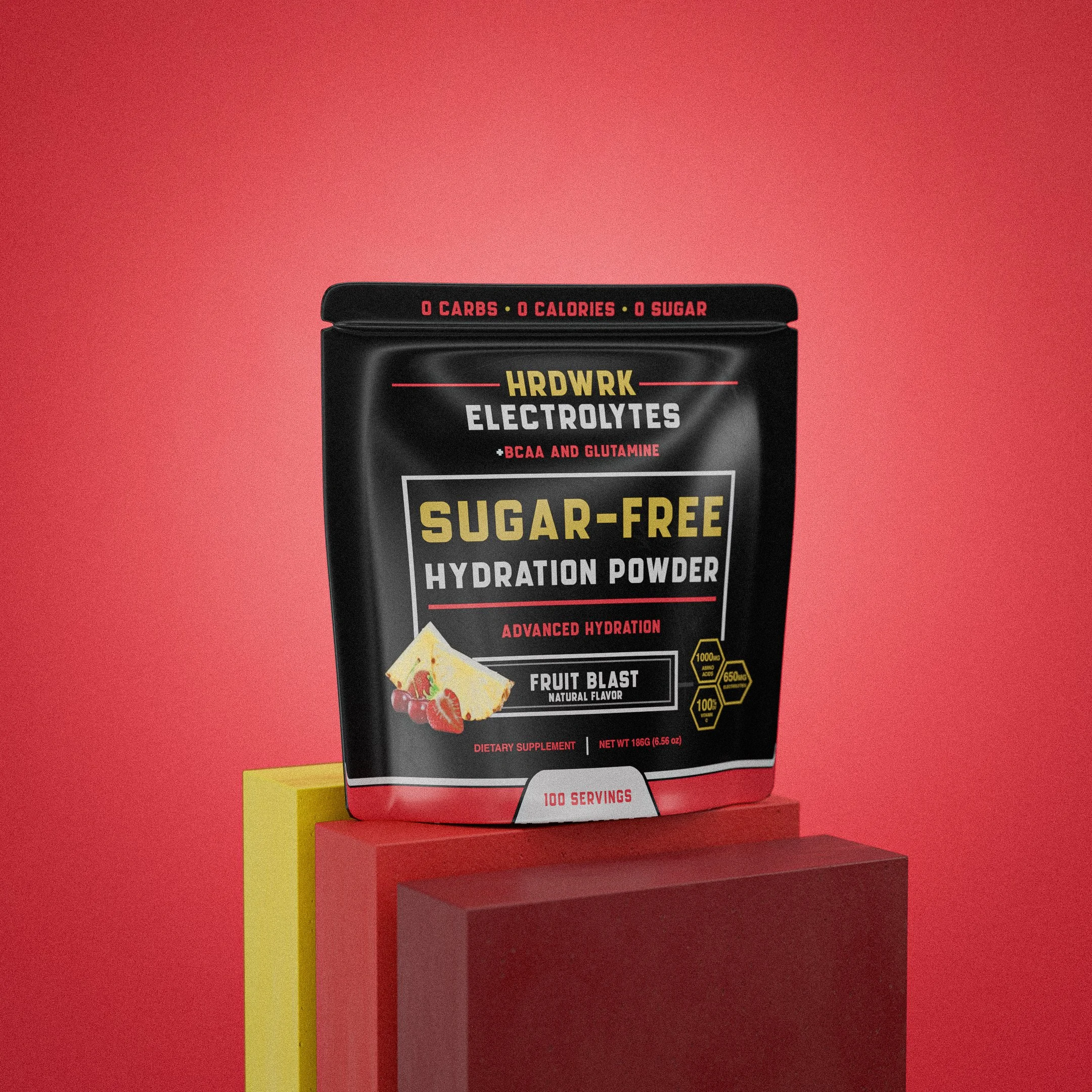Package of sugar-free hydration powder on colorful blocks against red background.
