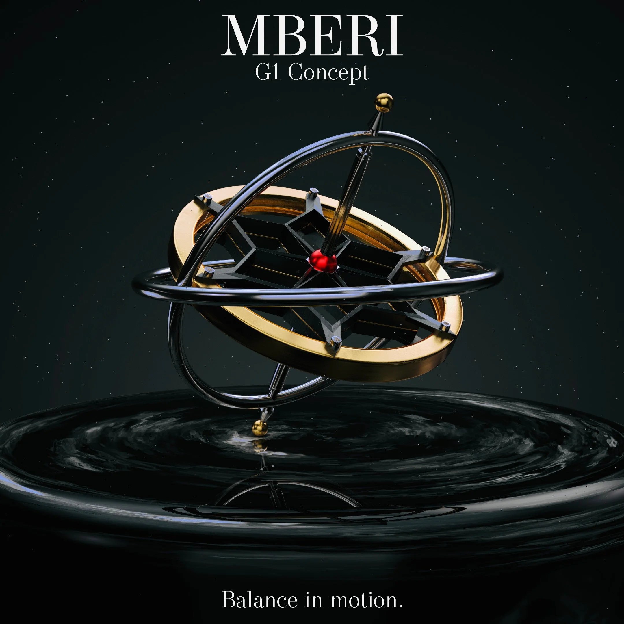 Futuristic spacecraft with metallic rings and a central black and gold structure, orbiting above a water ripple with stars in the background. The text reads 'MBERI G1 Concept' at the top and 'Balance in motion.' at the bottom.