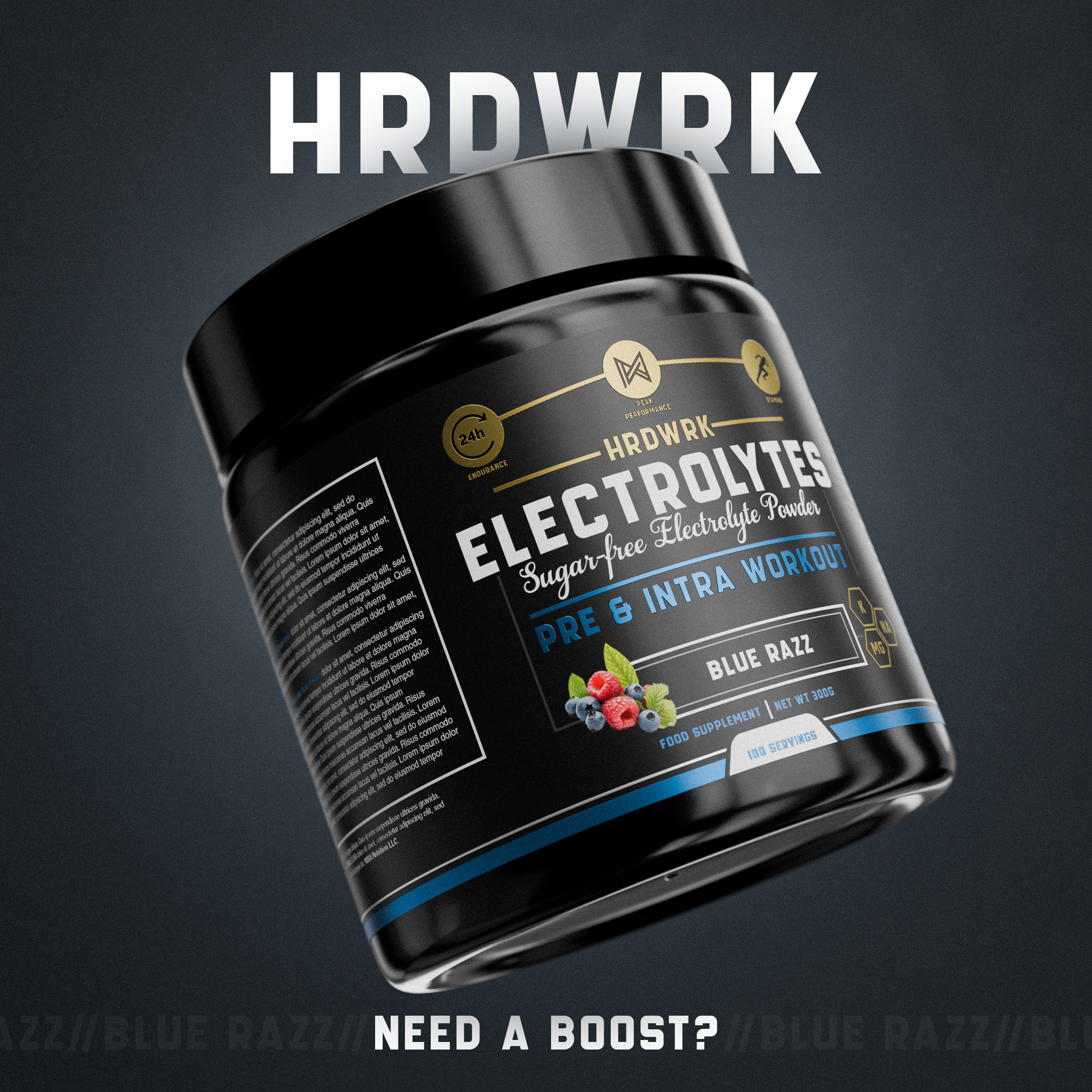 Container of HARDWRK ELECTROLYTES sugar-free electrolyte powder with blueberry flavor, labeled as pre and intra workout supplement, featuring a black background with white and blue text, and an image of blueberries and raspberries.