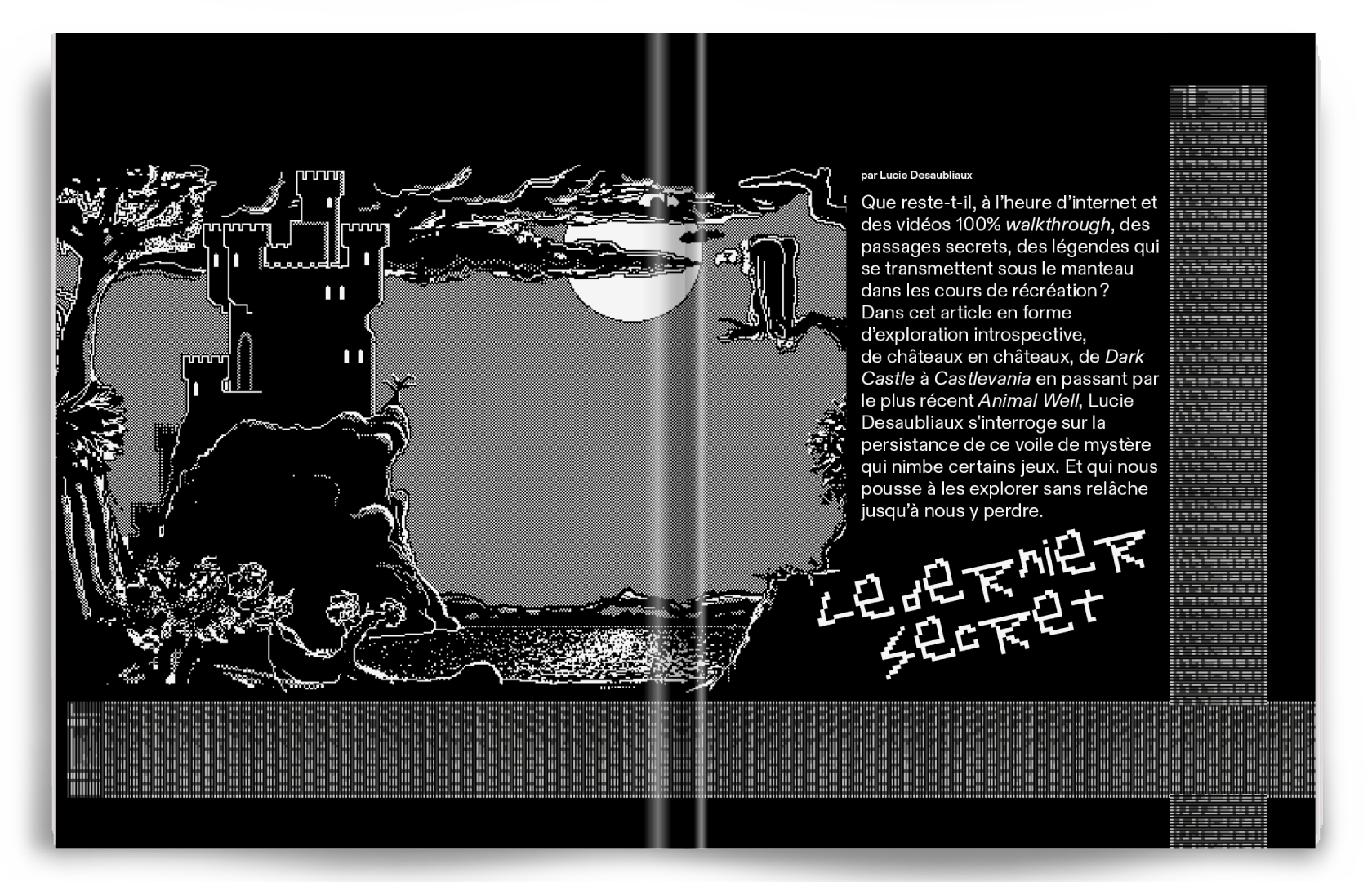 Une illustration en style pixel art représentant un château médiéval avec une lune en arrière-plan, entouré d'arbres et d'une mer ou d'un étang, avec un texte en français évoquant des jeux vidéo et des légendes mystérieuses.