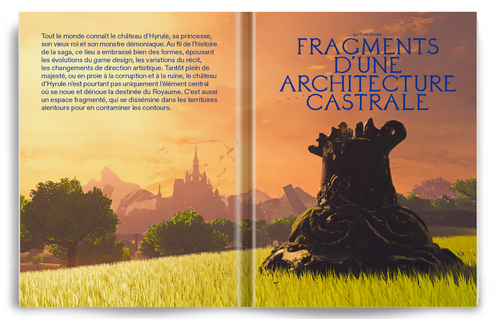 Page d'introduction d'un livre sur l'architecture de Hyrule dans le jeu vidéo, avec un paysage de château au coucher du soleil, arbres et herbe verte, et le titre "Fragments d'une architecture castrale".