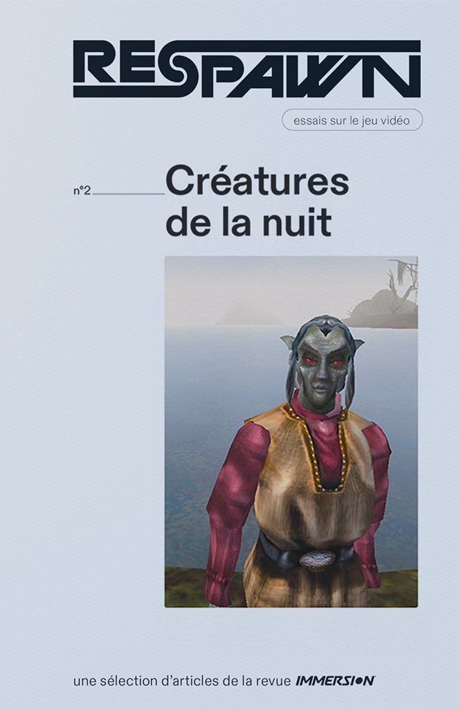 Couverture d'une revue intitulée 'RESPAWN', numéro 2, avec un sous-titre 'essais sur le jeu vidéo'. La couverture présente une illustration d'une créature de la nuit avec peau rouge, visage sombre, yeux rouges, vêtements traditionnels, et un fond aquatique avec une île en arrière-plan.