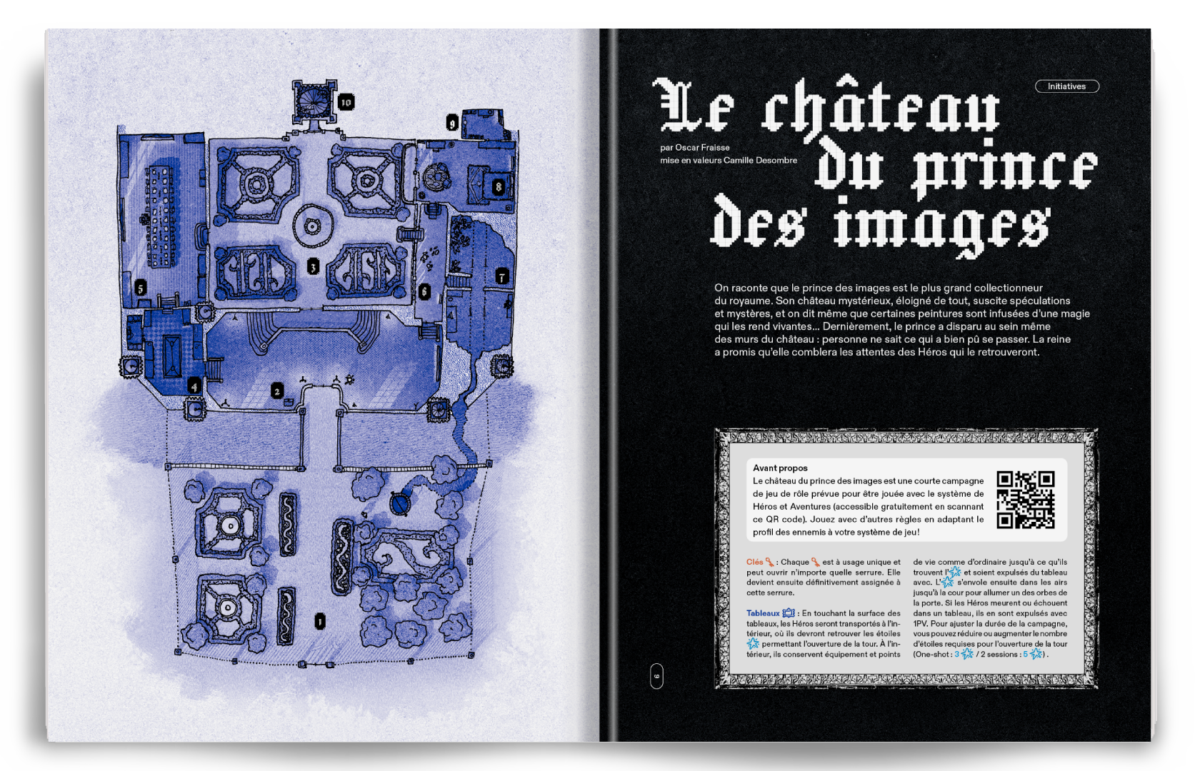 Plan de château détaillé en couleur bleue avec légendes et annotations, représentant un bâtiment historique ou architectural.