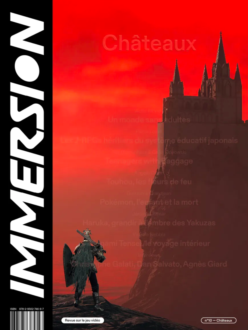 Couverture d'une revue vidéo jeu, montrant un paysage avec un château en haut d'une falaise et un chevalier en armure noir avec une épée et un bouclier en bas, le tout sous un ciel rouge-orange.