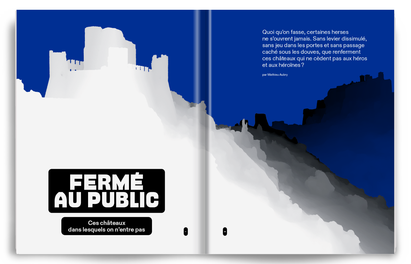 Une illustration stylisée d'un château fort en gris et blanc sur une colline, avec un ciel bleu en arrière-plan. Le texte en français indique 'Fermé au public' et mentionne que ce sont des châteaux dans lesquels on n'entre pas.