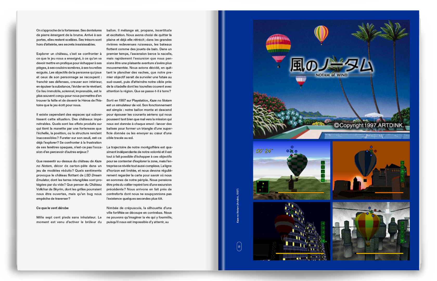 Page de présentation d'un livre ou magazine avec du texte en français sur la gauche et des images de jeux vidéo de montgolfières sur la droite, incluant un paysage avec des palmiers, un ciel bleu et des éclairs, ainsi que plusieurs captures d'écran de jeux vidéo avec des montgolfières dans différents environnements urbains et ruraux.
