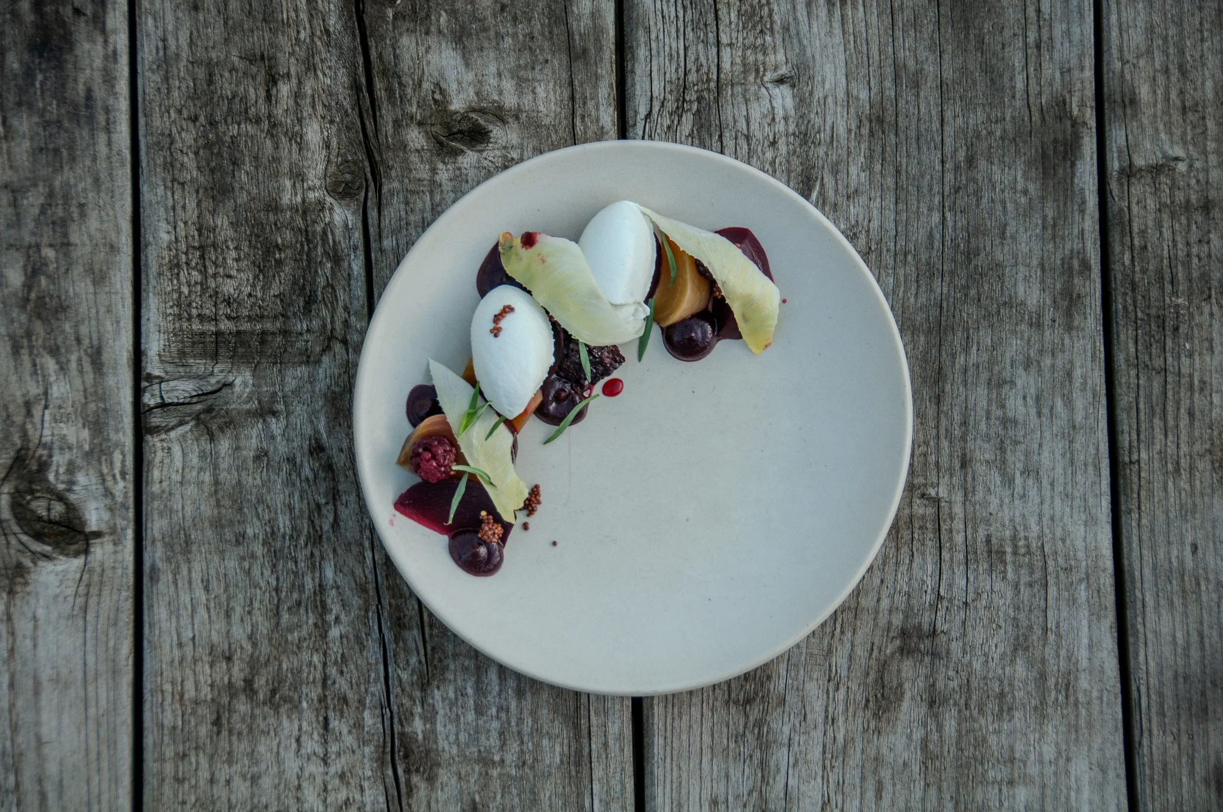 Baked beetroots, whipped goat’s cheese, preserved blackberries