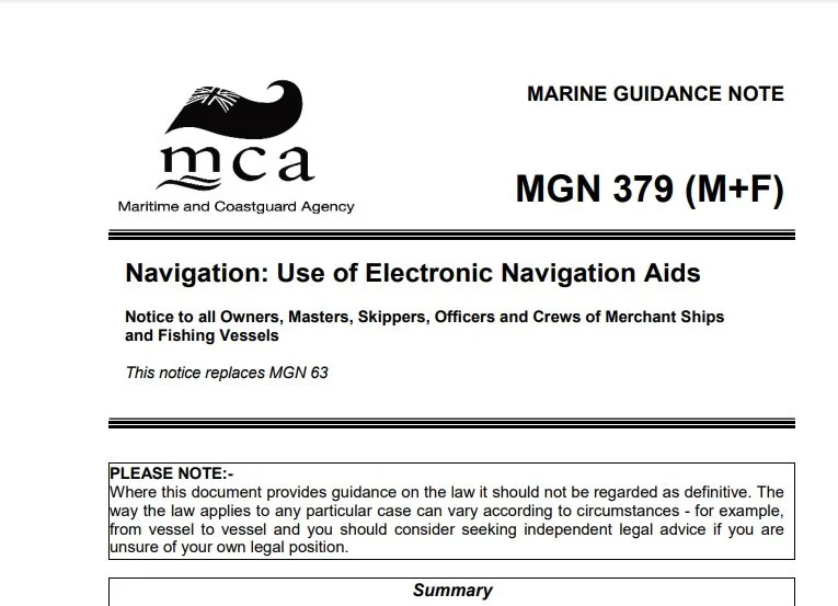 A Marine Guidance Note from the Maritime and Coastguard Agency about the use of electronic navigation aids on merchant ships and fishing vessels, with a notice replacing MGN 63.