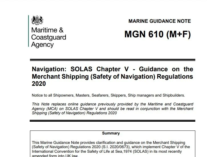 Cover page of a Marine Guidance Note by the Maritime & Coastguard Agency titled "Solhas Chapter V - Guidance on the Merchant Shipping (Safety of Navigation) Regulations 2020."