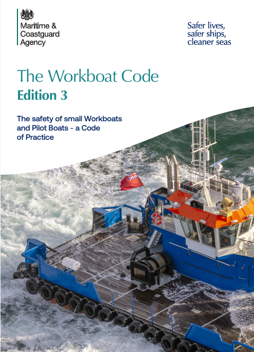 Cover of 'The Workboat Code' Edition 3 by the Maritime & Coastguard Agency, featuring a small workboat on the water with a red flag and equipment on deck.