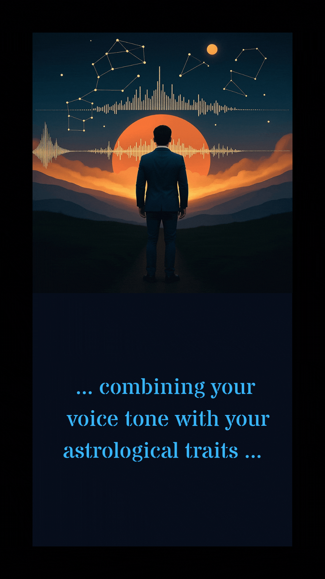 A man in a suit standing outdoors at sunset, with a digital display of sound waves, constellations, and celestial bodies in the sky.