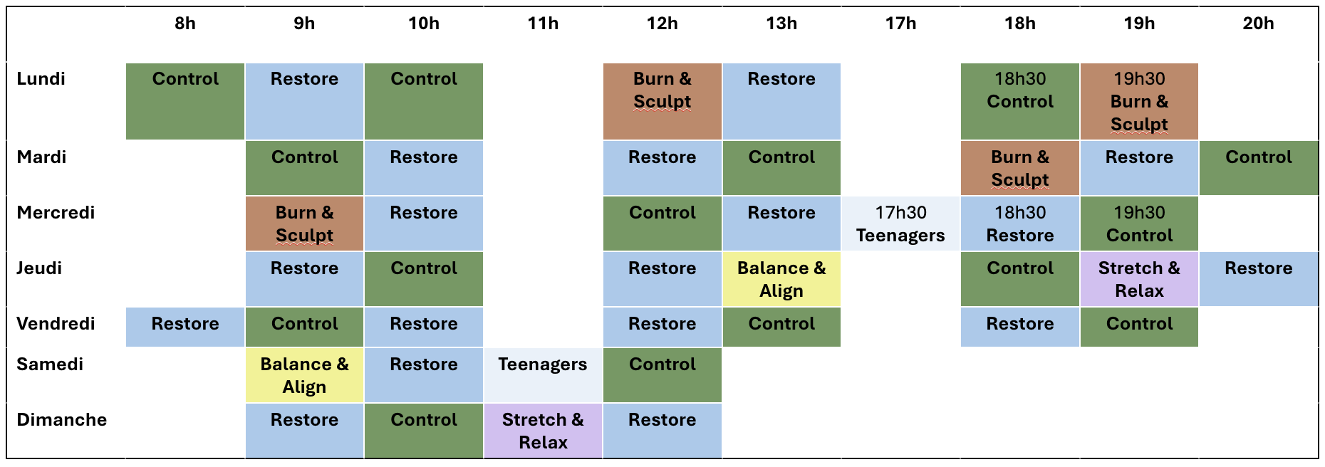 Planning cours Pilates, Chair, Barrel, Springboard, TRX